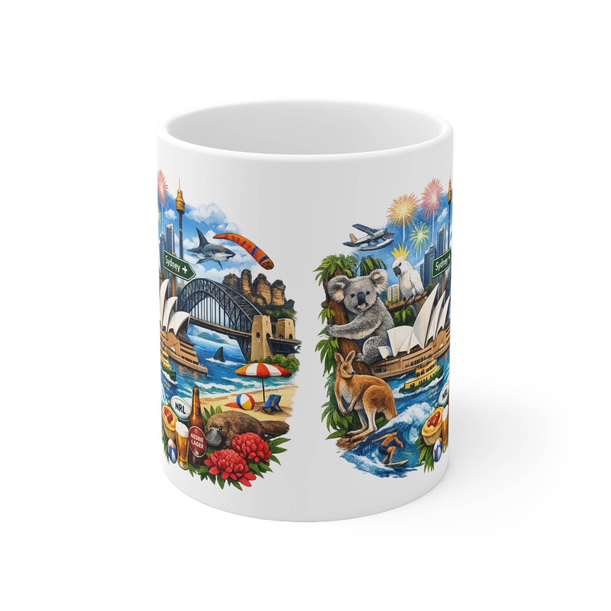Sydney Australia Souvenir Coffee Mug — 11oz & 15oz Ceramic Cup with Opera House, Harbour Bridge & Native Wildlife