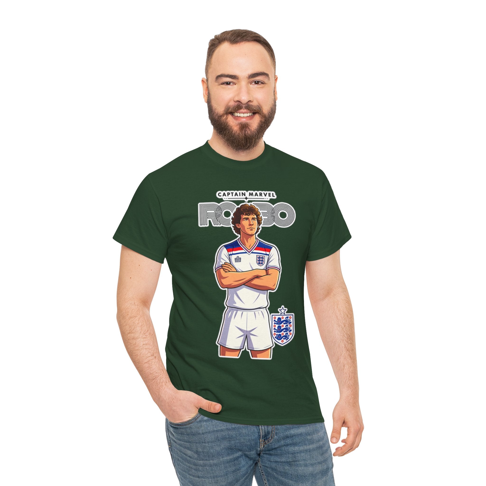 Bryan Robson Retro England Football Cotton T-Shirt / Tee — "Captain Marvel" Soccer Player Graphic