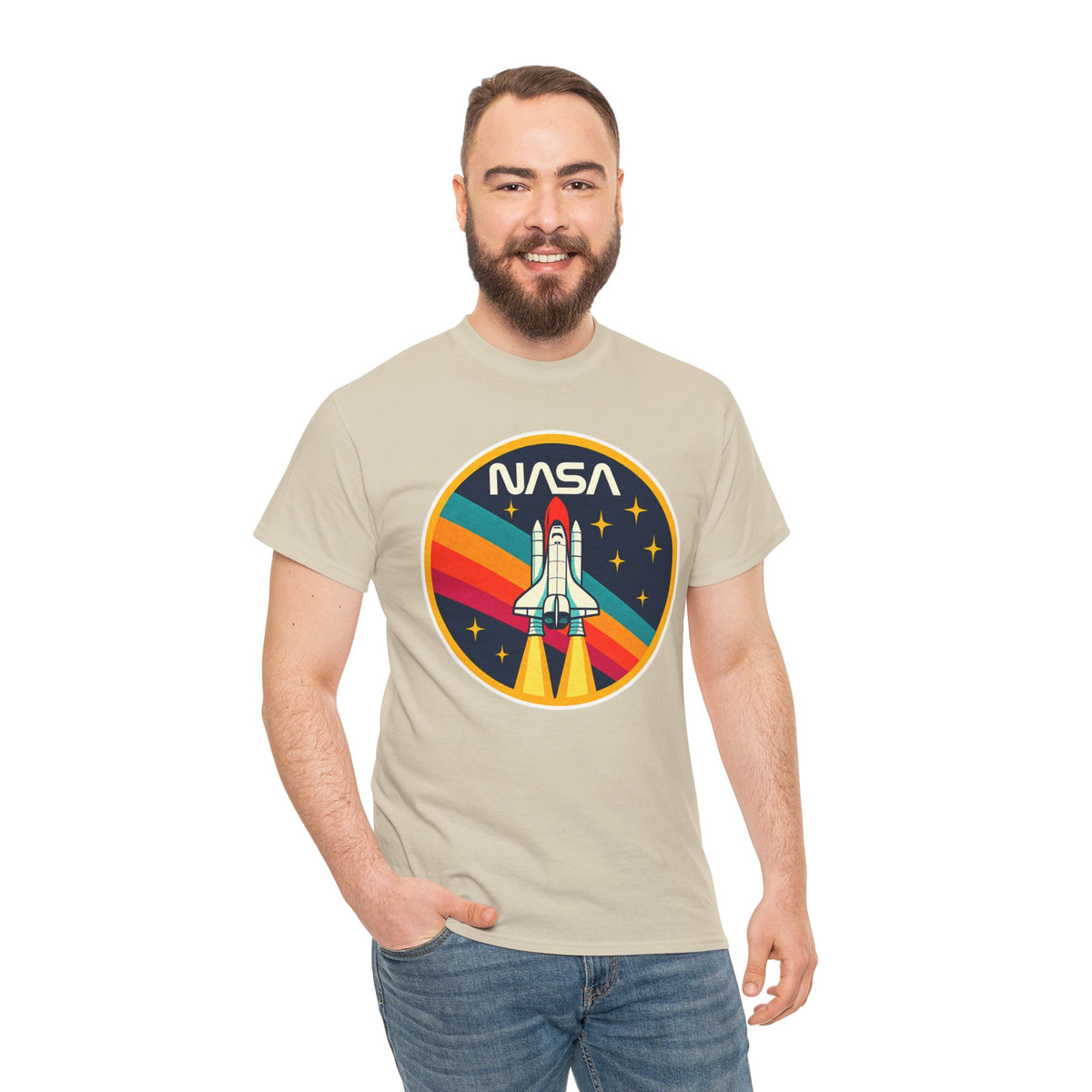 NASA Retro Rocket T‑Shirt — Vintage Space Shuttle Tee with Rainbow Trail
