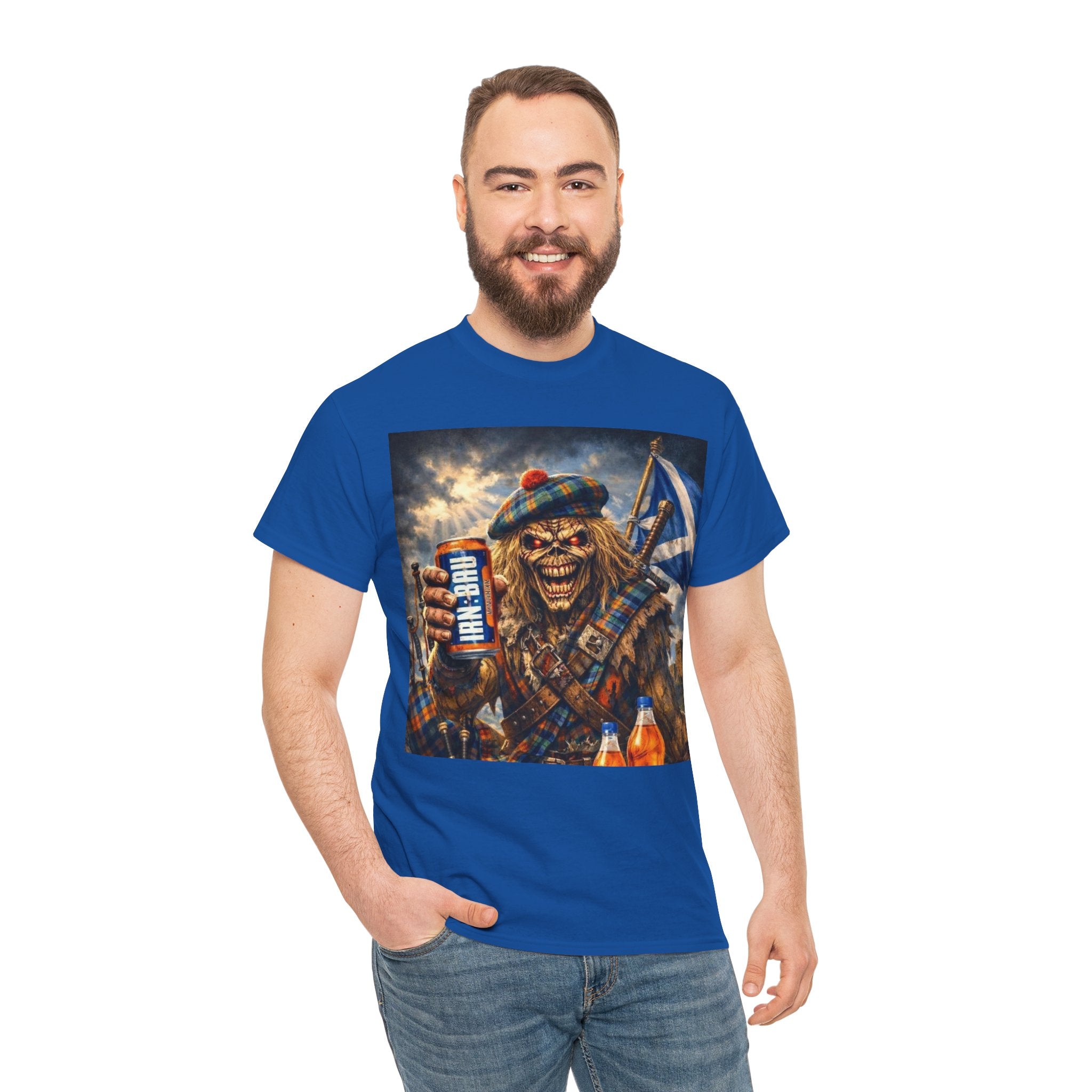Scottish Rock Skull T‑Shirt — Eddie the Piper with Flag & Can Graphic Tee