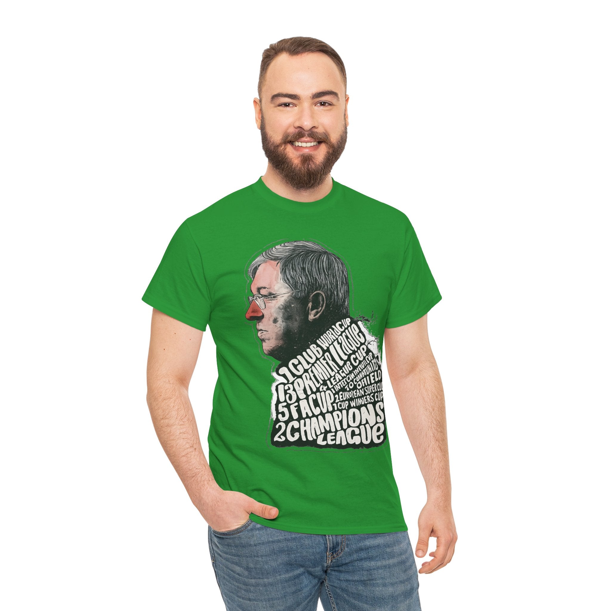 SIr Alex Ferguson Achievements Vintage Football Manager Profile Tee — Illustrated Head with Trophy Text Design