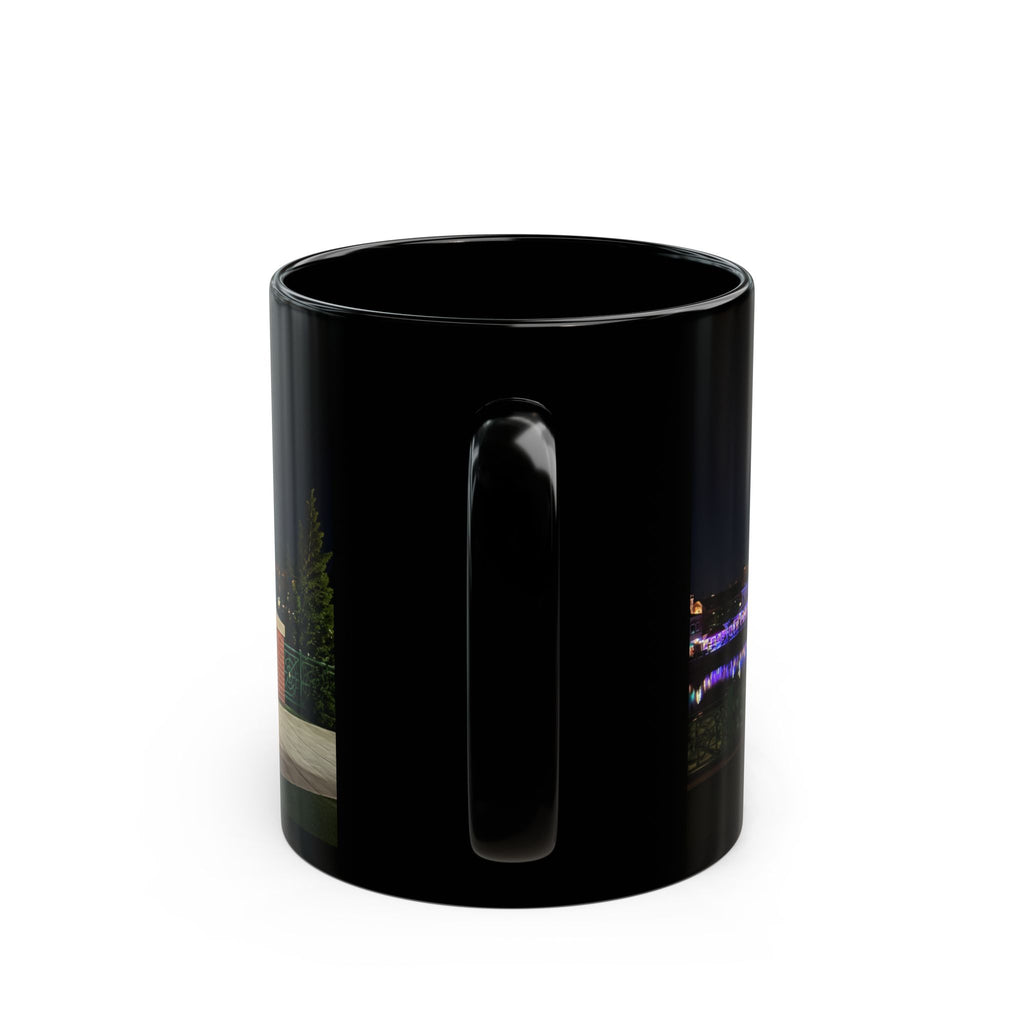 The Simpsons Photo Mug — University Statue & Campus Lights (Black 11oz/15oz)