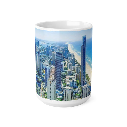 Coastal City Skyline Ceramic Coffee Mug — Aerial Beachfront Cityscape 11oz/15oz