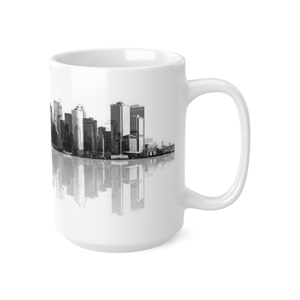 City Skyline Coffee Mug — Black & White Reflective New York Skyline, 11oz/15oz Ceramic