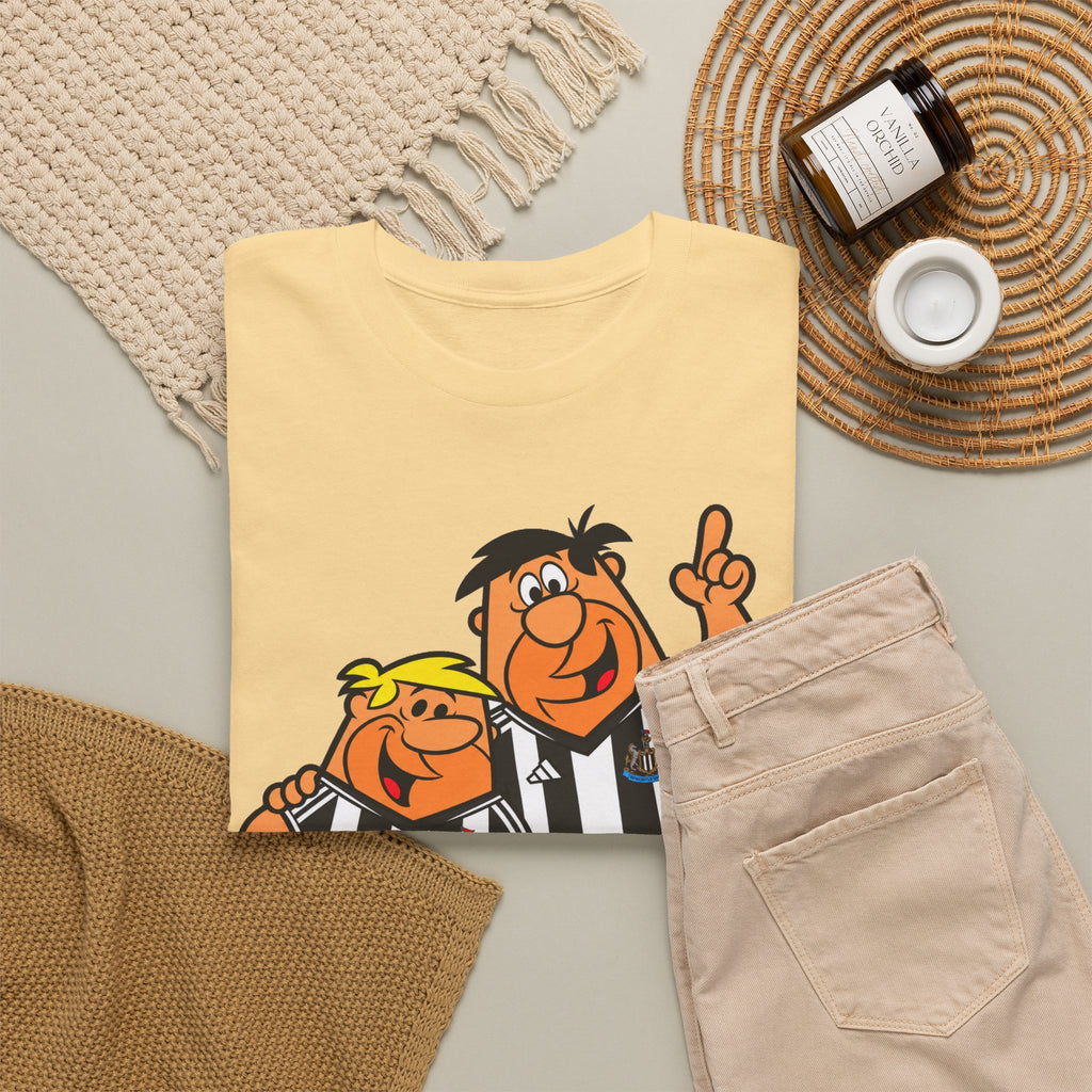 Newcastle United Flintstones Cartoon Cotton T-Shirt / Tee — Retro Striped Jersey Illustrations