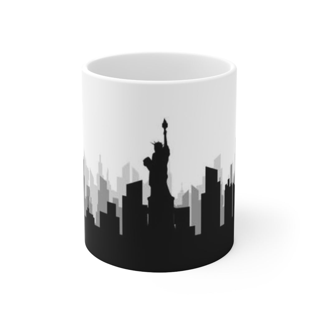 New York Skyline Ceramic Mug — Statue of Liberty Silhouette Coffee Cup (11oz, 15oz)
