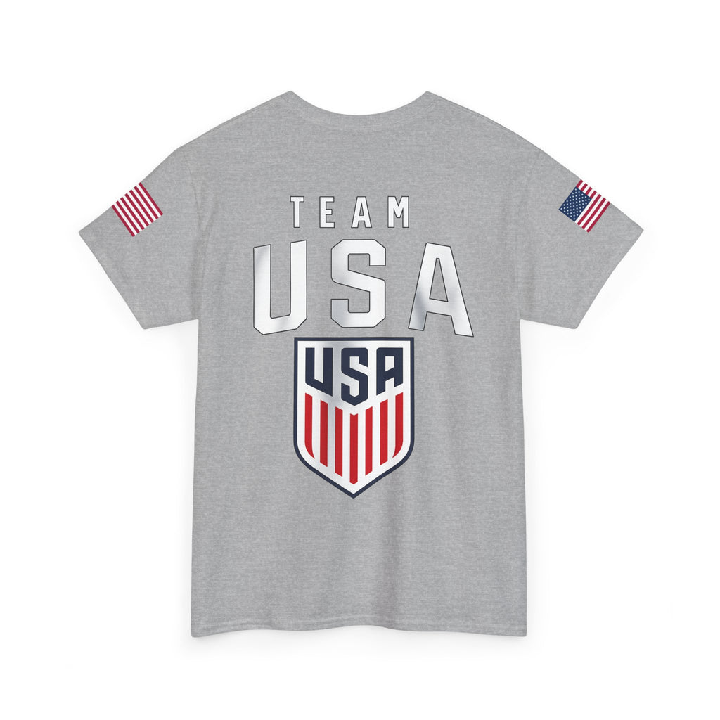 Team USA Flag T‑Shirt — Patriotic Navy Tee with Back Shield Logo