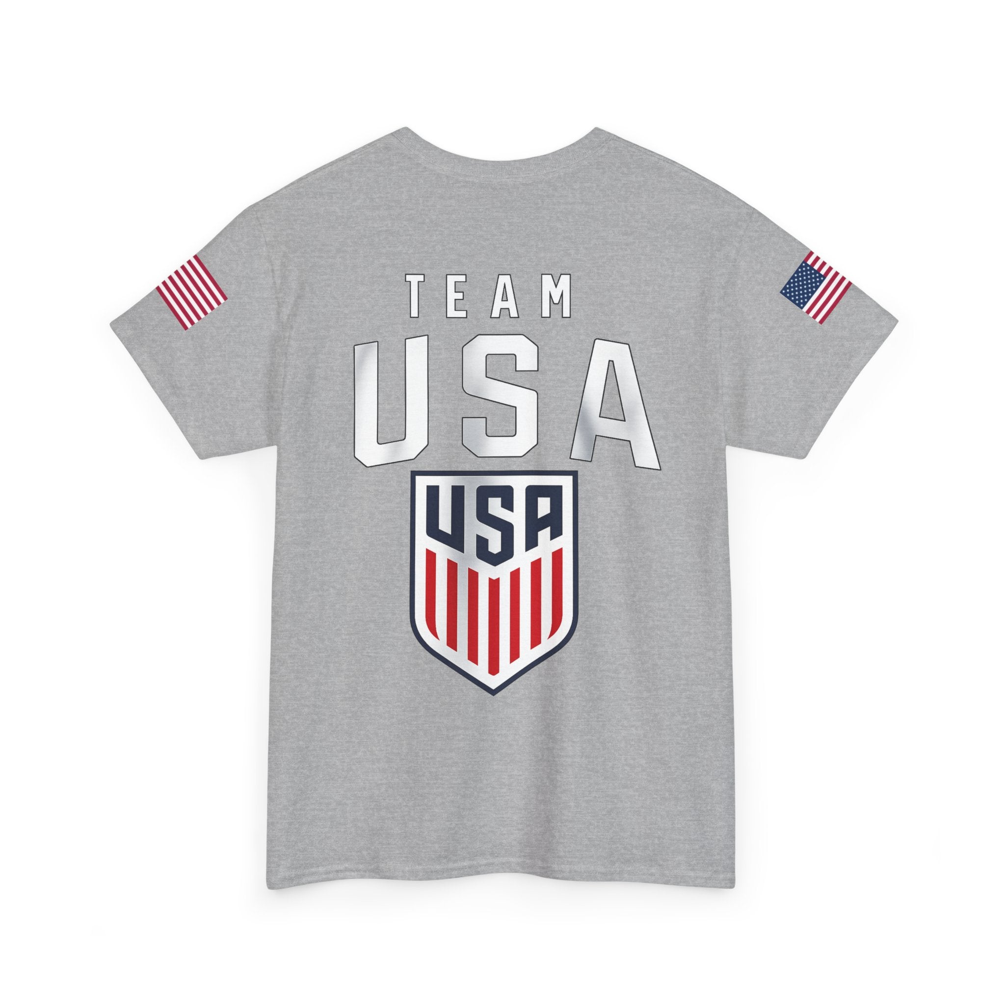 Team USA Flag T‑Shirt — Patriotic Navy Tee with Back Shield Logo
