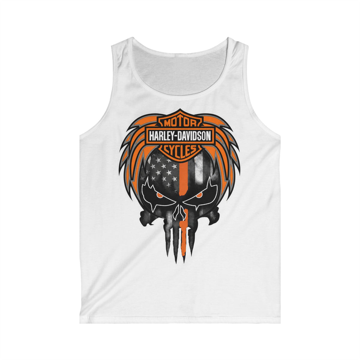 Harley-Davidson Skull Tank Top — American Flag Orange & Black Biker Muscle Tee