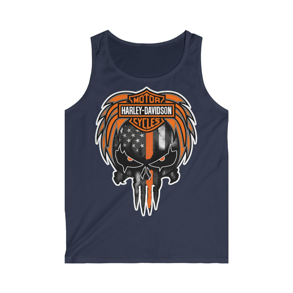 Harley-Davidson Skull Tank Top — American Flag Orange & Black Biker Muscle Tee