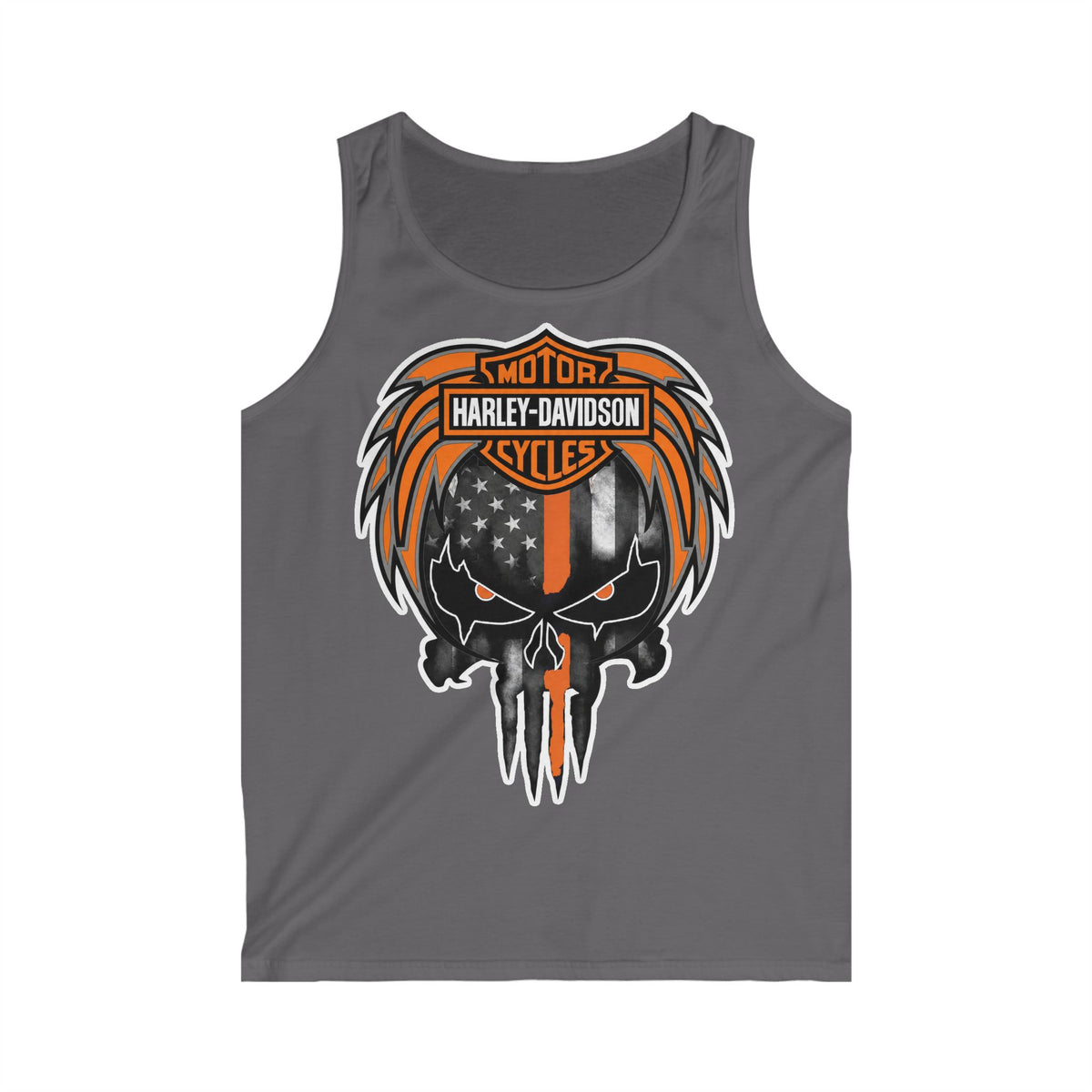 Harley-Davidson Skull Tank Top — American Flag Orange & Black Biker Muscle Tee