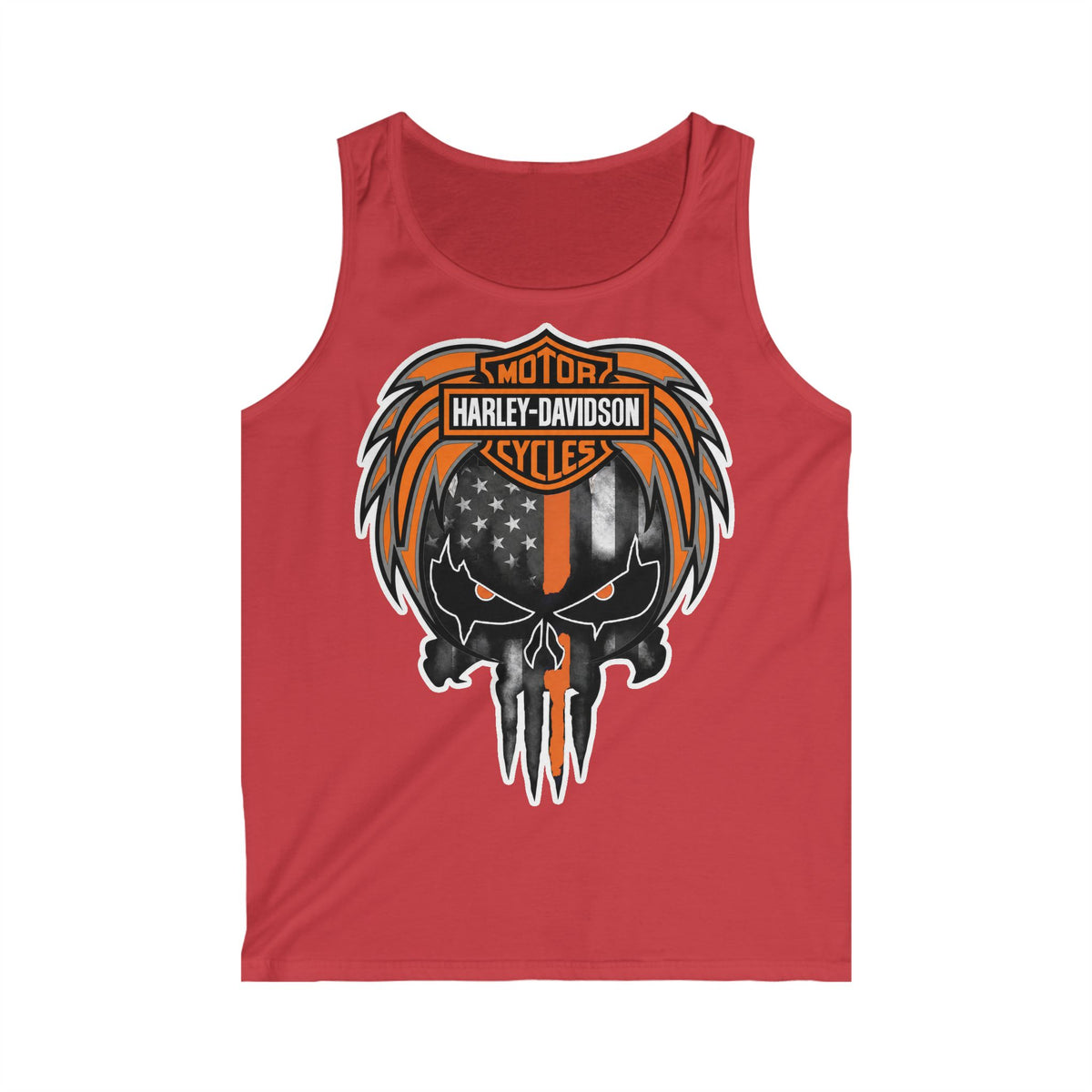 Harley-Davidson Skull Tank Top — American Flag Orange & Black Biker Muscle Tee