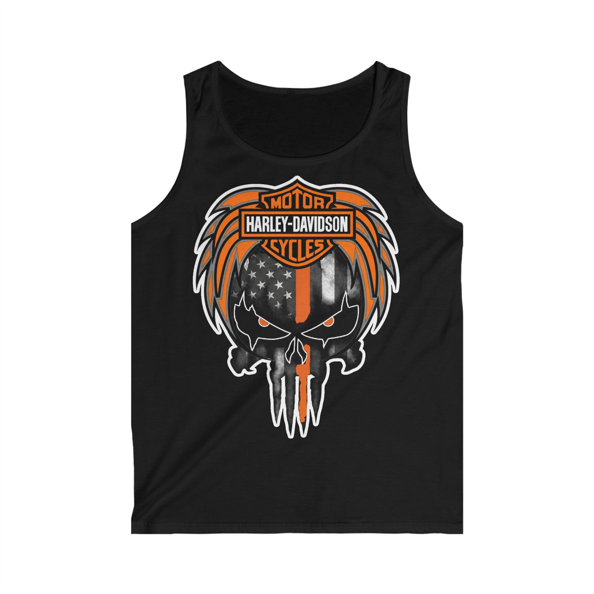 Harley-Davidson Skull Tank Top — American Flag Orange & Black Biker Muscle Tee