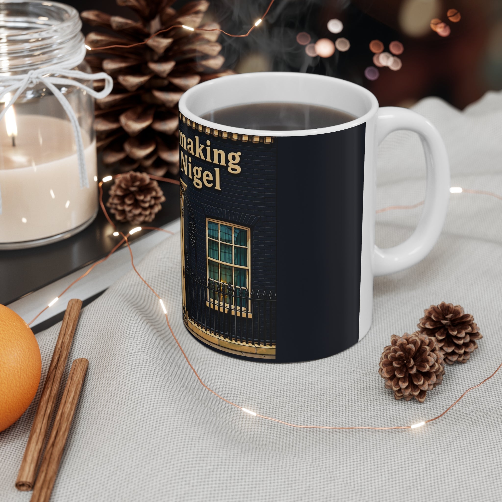 “We’re Only Making Plans for Nigel” 11oz/15oz Ceramic Coffee Mug — Novelty Political Door Design
