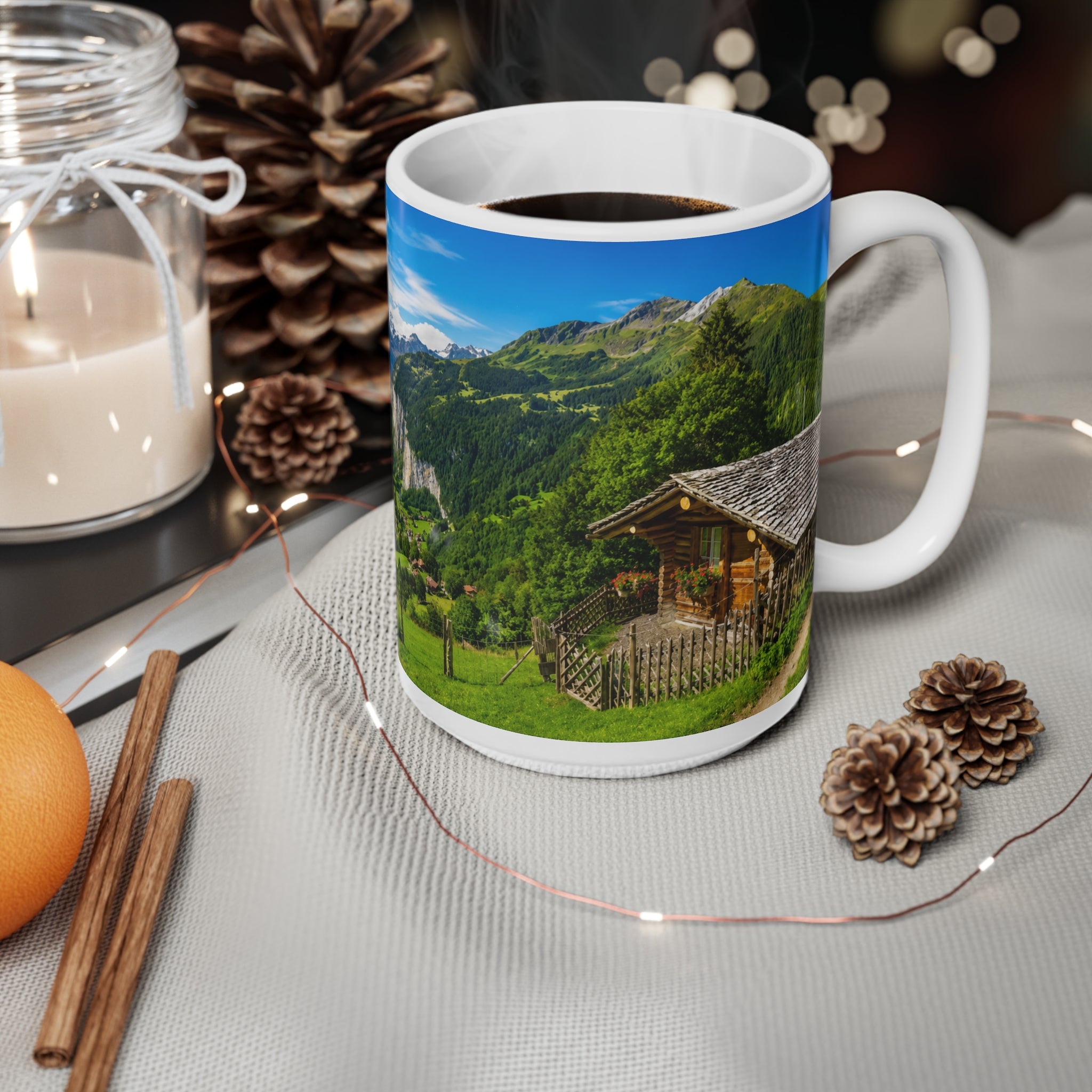 Scenic Alpine Valley Mug — Panoramic Mountain Landscape Ceramic Coffee Cup (11oz, 15oz)