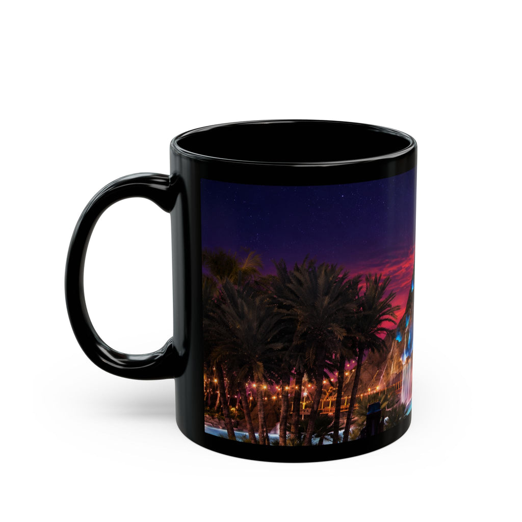 Volcano Bay at Night Black Mug — Illuminated Waterfall & Palm Tree Coffee Cup (11oz/15oz)