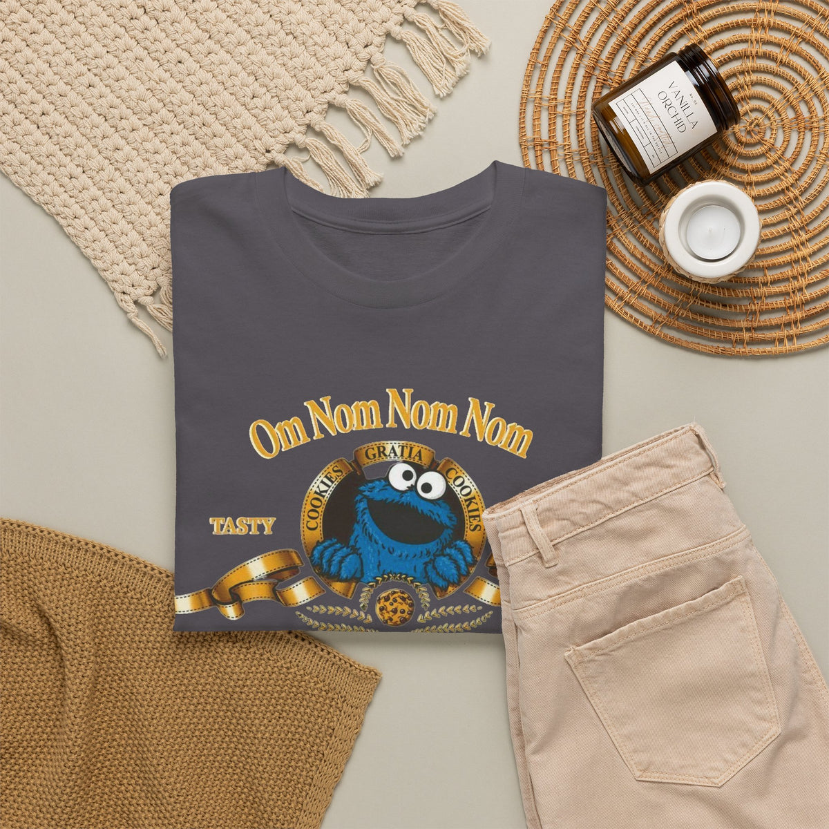 Cookie Monster "Om Nom Nom Nom" Vintage Badge Cotton T‑Shirt