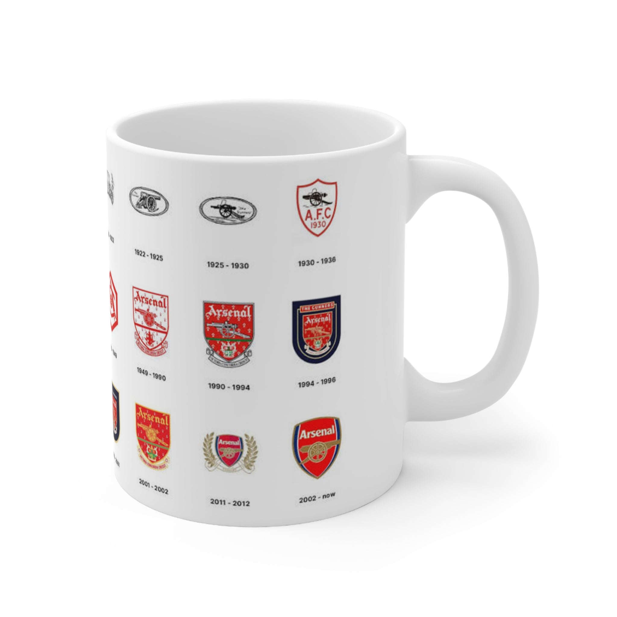Arsenal Crest Evolution Coffee Mug — Timeline of Club Crests, 11oz & 15oz