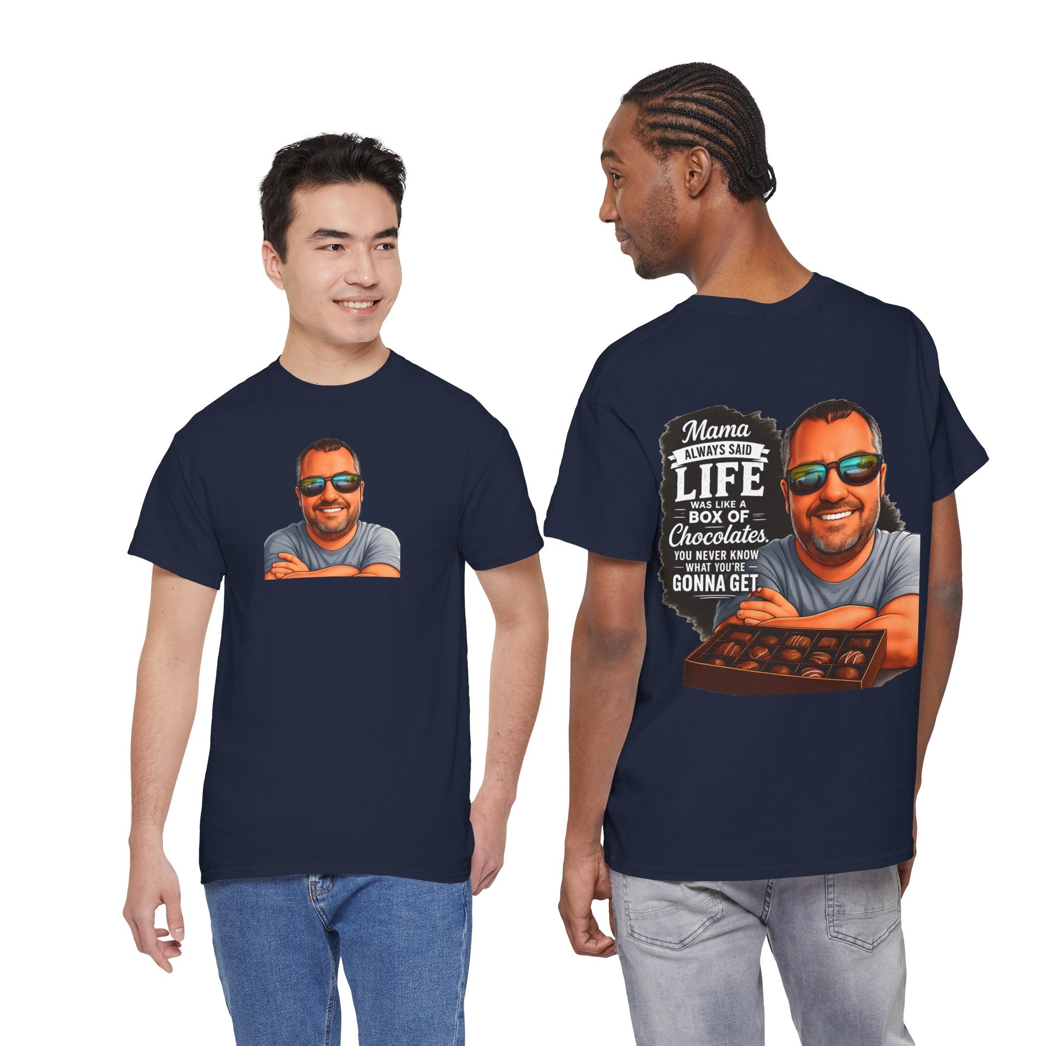 T-Shirt — "Mama Always Said Life Is Like A Box Of Chocolates" Graphic Tee (Funny Retro Portrait)