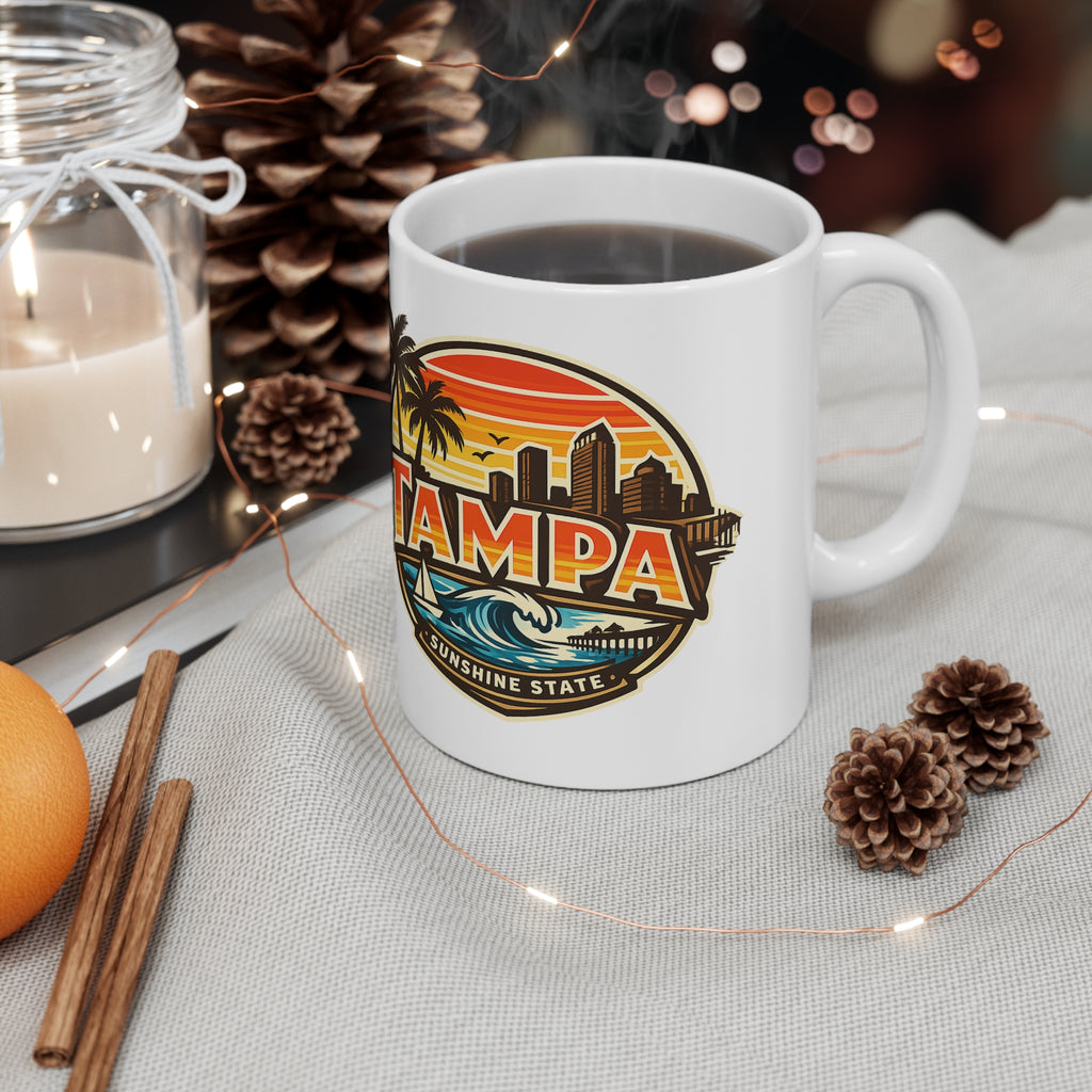 Tampa Retro Sunset Coffee Mug — Ceramic 11oz/15oz (Sunshine State Design)