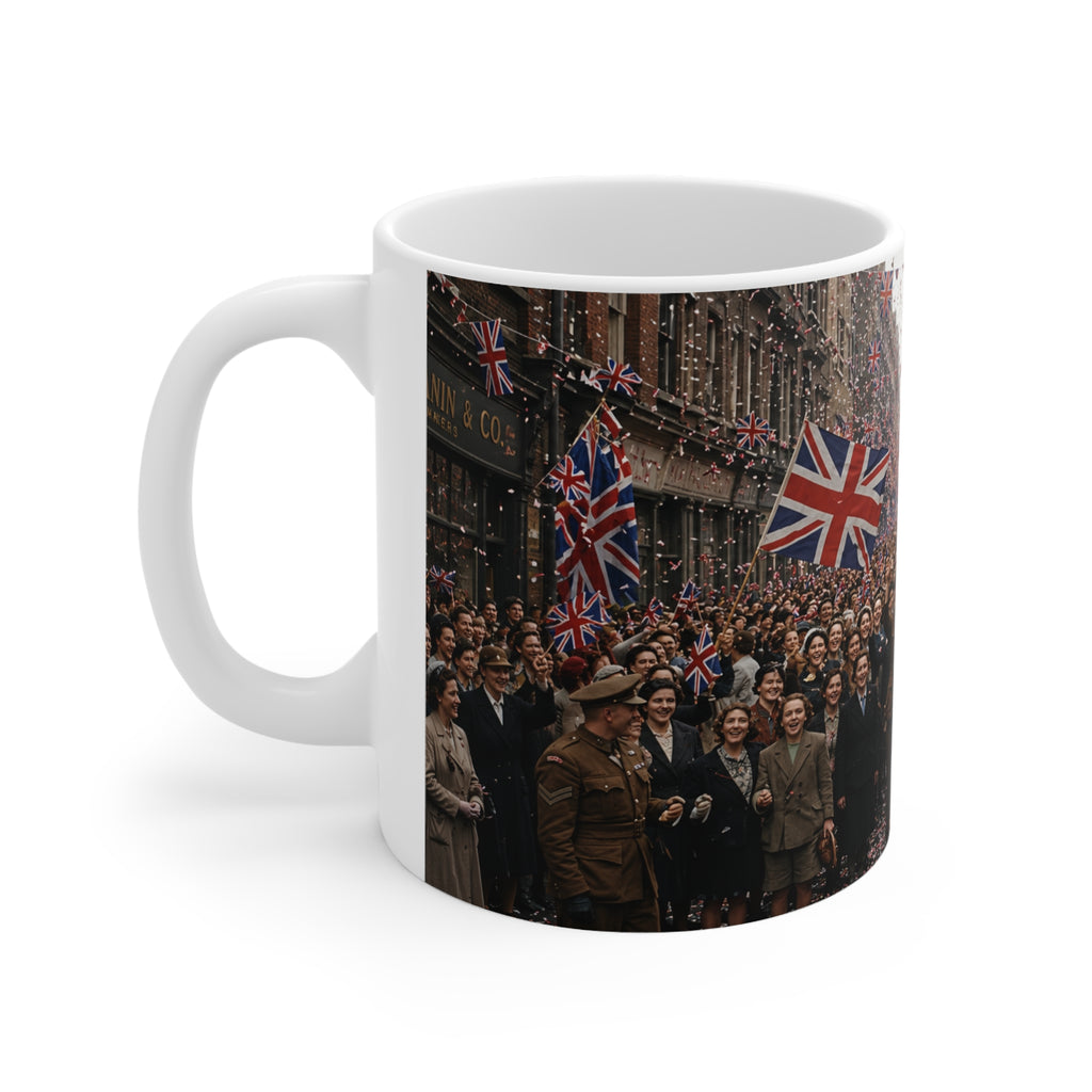 Union Jack Street Parade Mug — Vintage British Crowd Scene Ceramic Coffee Cup (11oz, 15oz)