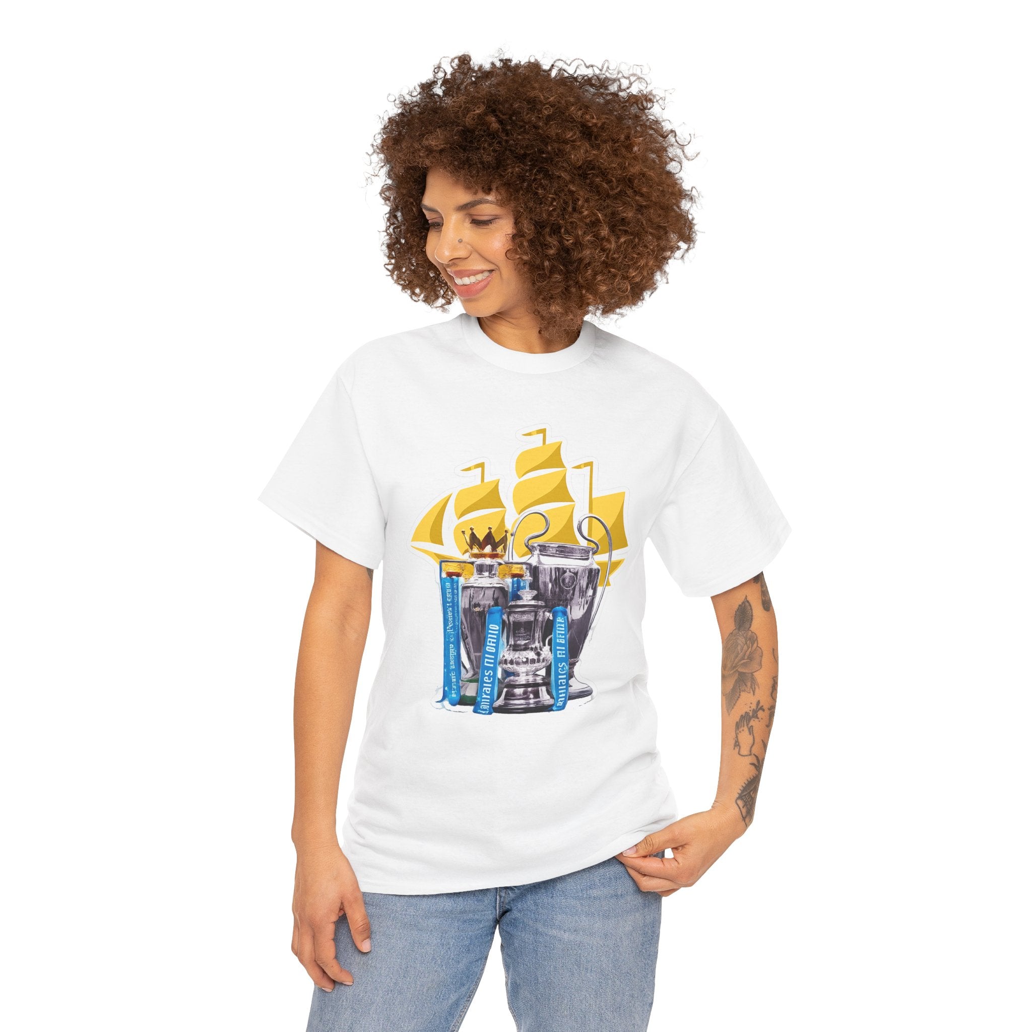 Manchester City Champions Trophy Tee – Golden Cups & Blue Scarves Football Fan Shirt