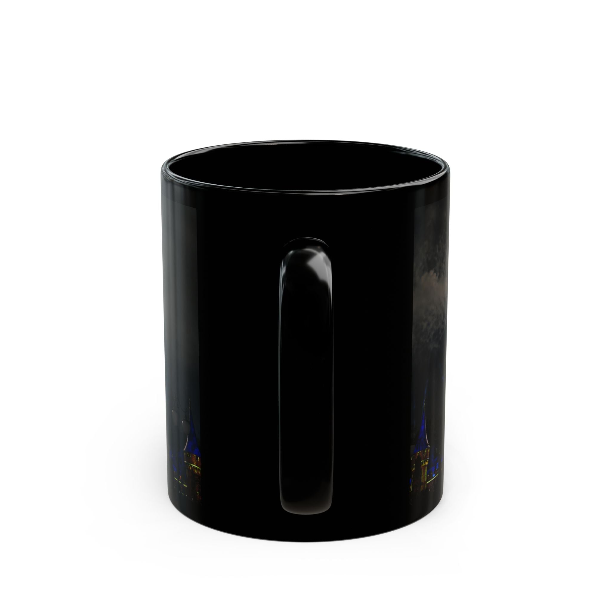 Fireworks MK Castle Black Mug — Nighttime Theme Park Coffee Cup (11oz/15oz)