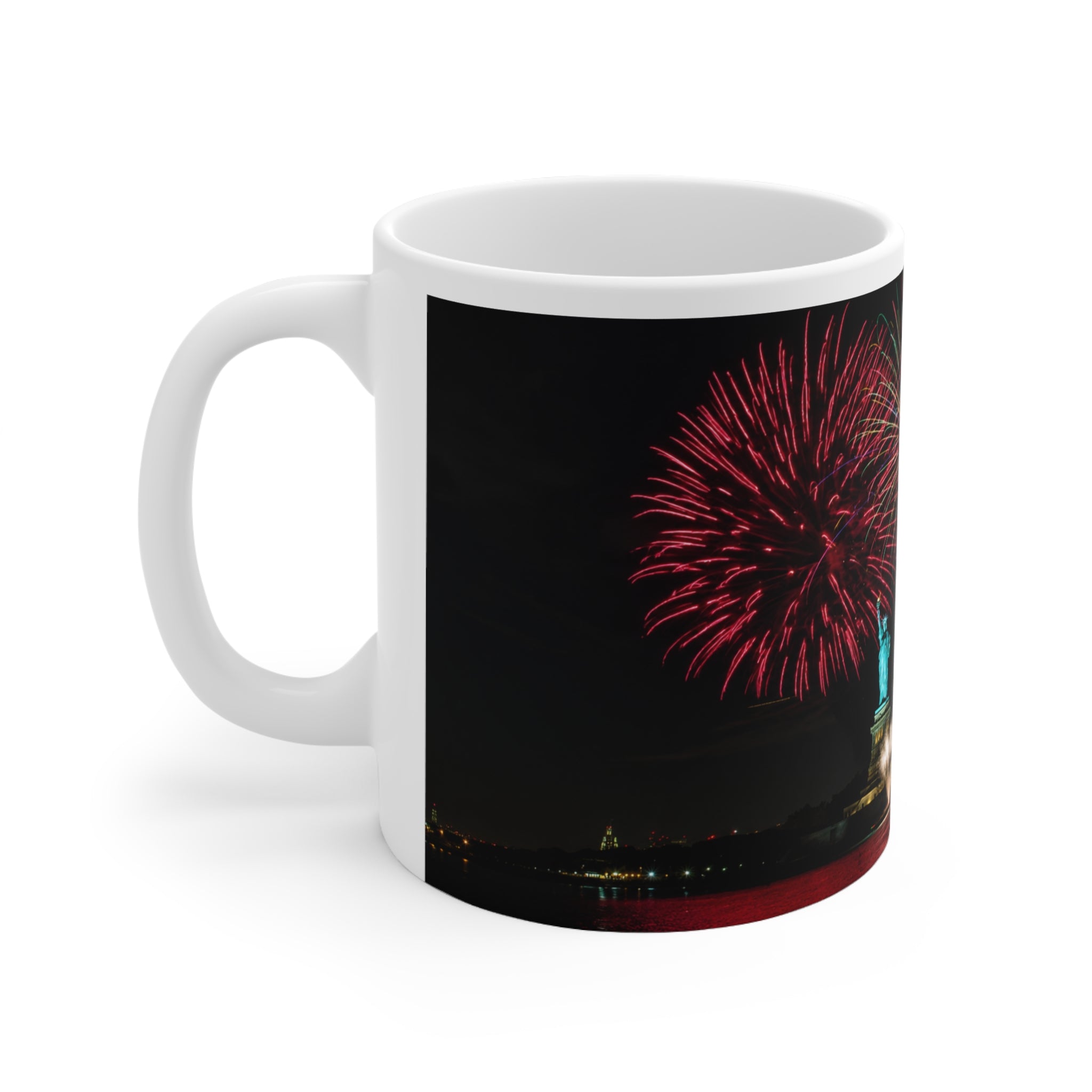 Statue of Liberty Fireworks Coffee Mug — Patriotic New York Night Skyline 11oz/15oz