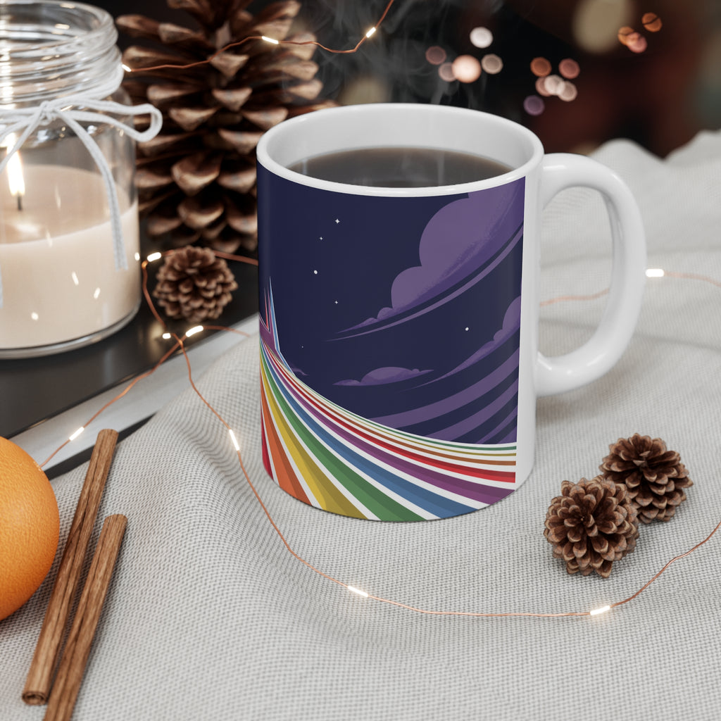Rainbow Space Mountain Mug — Retro Rainbow Road Ceramic Coffee Cup (11oz & 15oz)