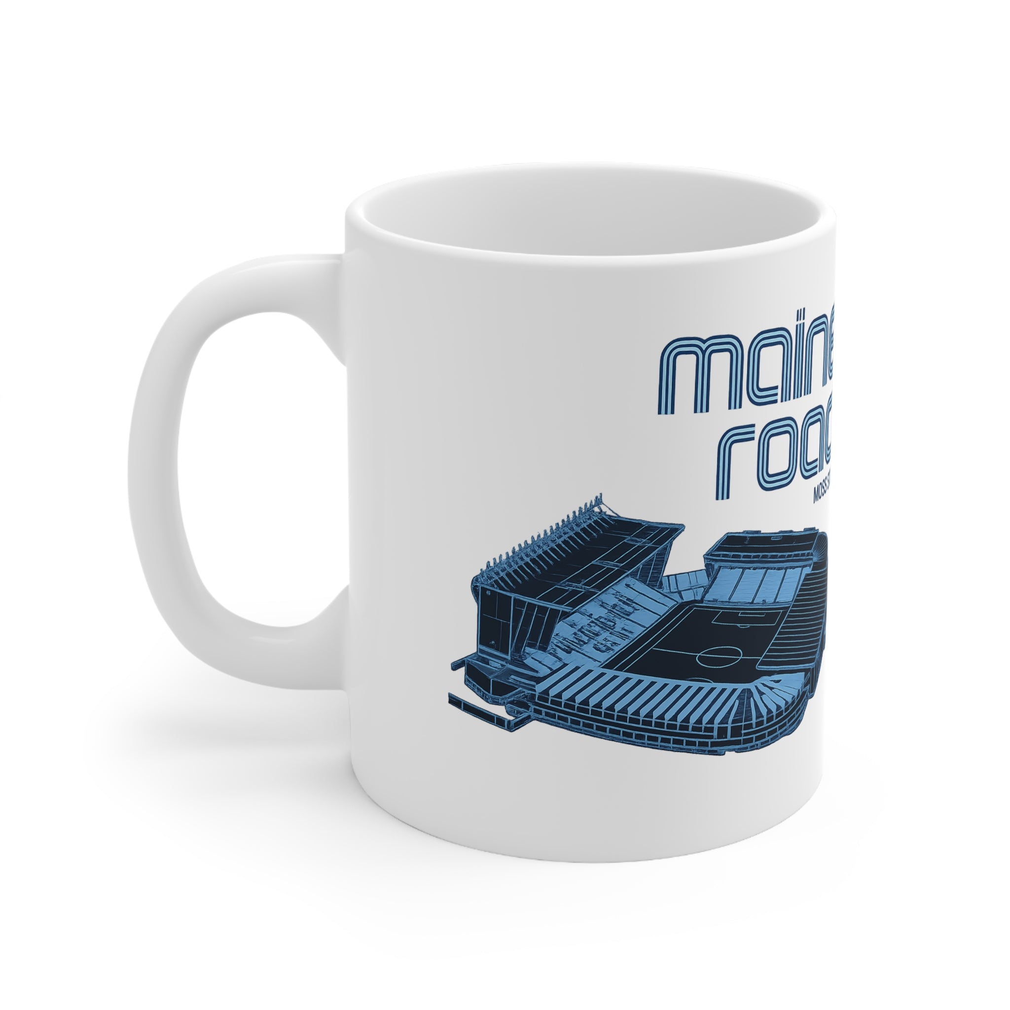 Manchester City Maine Road Stadium Mug — Retro Blue Soccer Stadium Ceramic Coffee Cup (11oz & 15oz)
