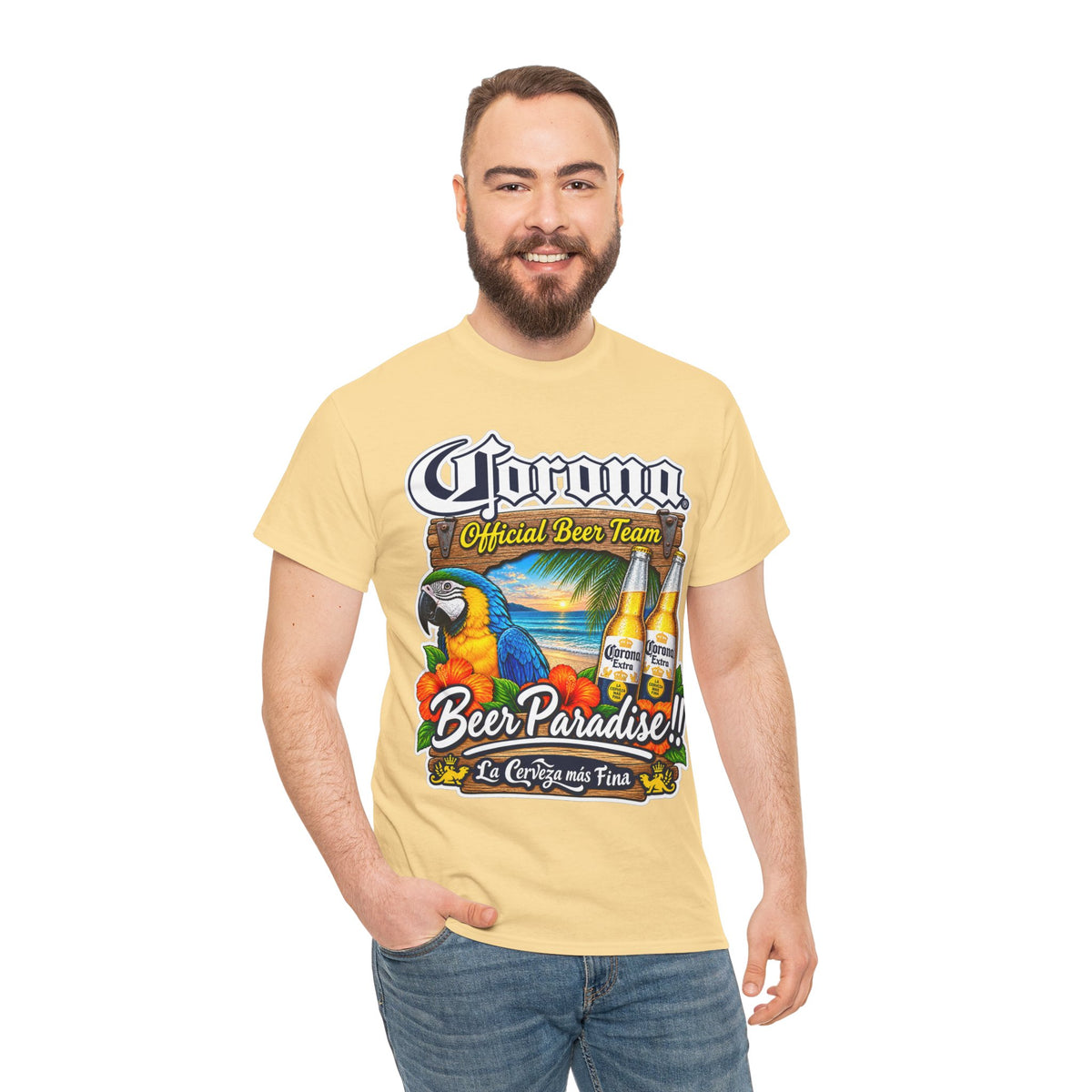 Corona Beer Paradise Tee — Tropical Parrot Beach Beer T‑Shirt