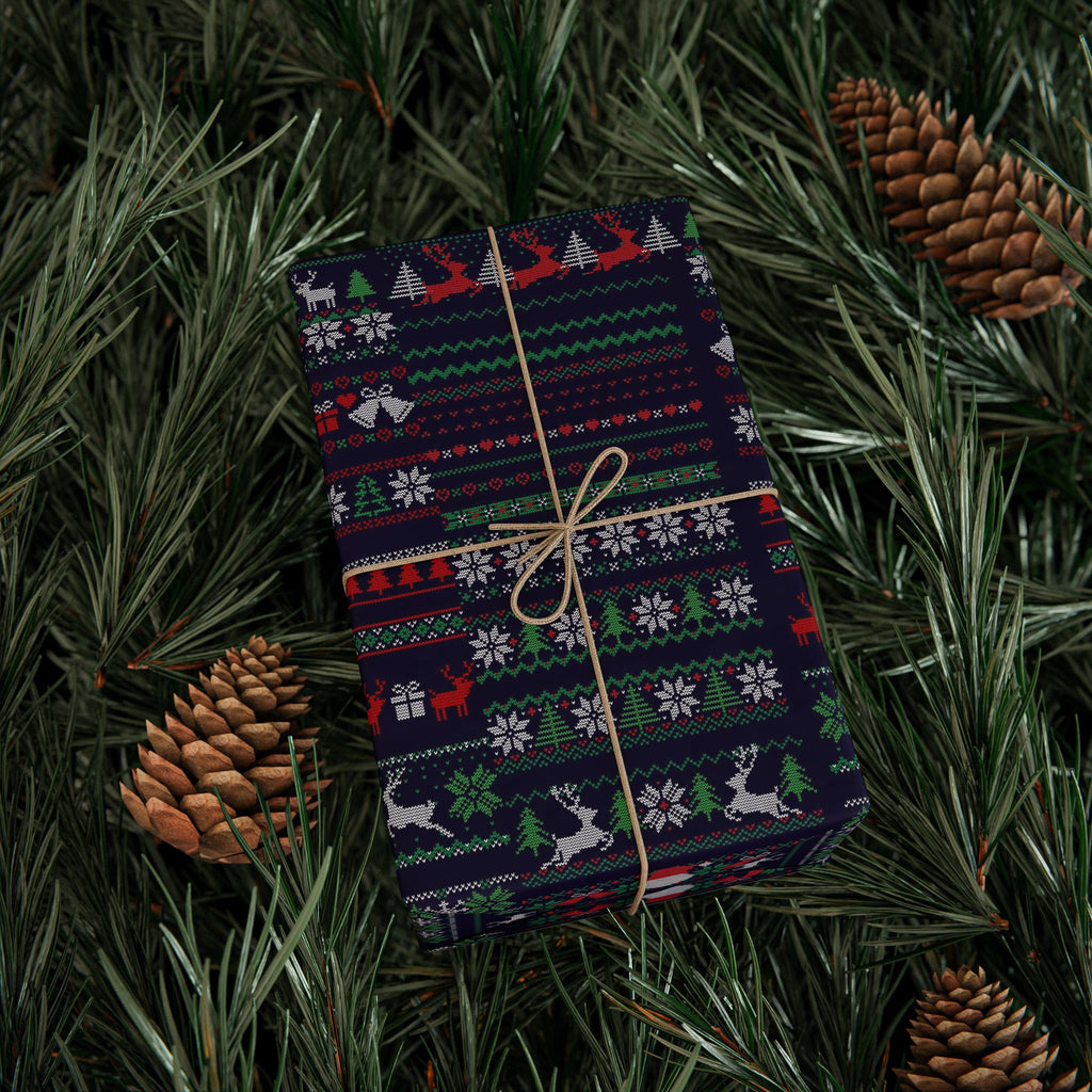 Wrapping Paper - Dark Holiday Fair Isle Reindeer & Snowflake Gift Wrap