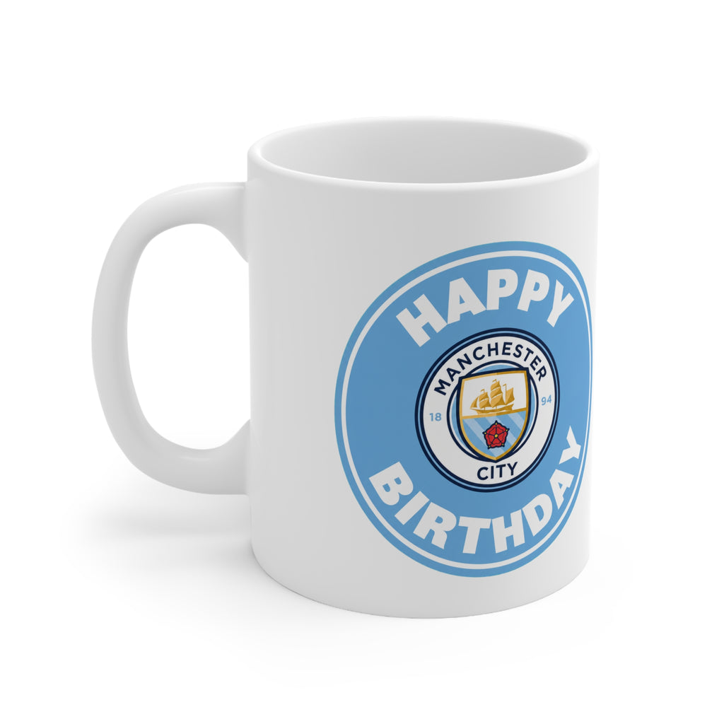 Manchester City Inspired Happy Birthday Football Mug — Manchester City Crest Ceramic Coffee Cup (11oz & 15oz)