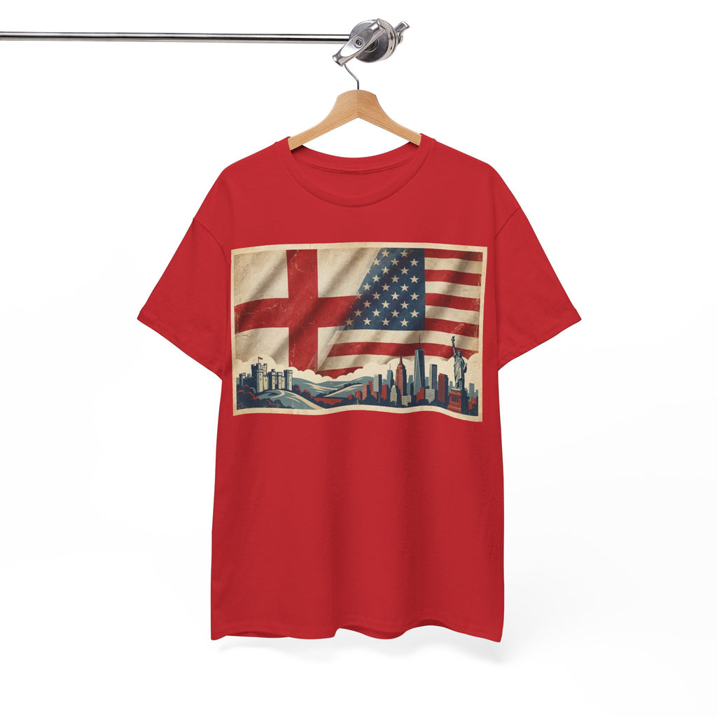 England + USA Flag Skyline T-Shirt — Vintage London & New York City Pride Tee
