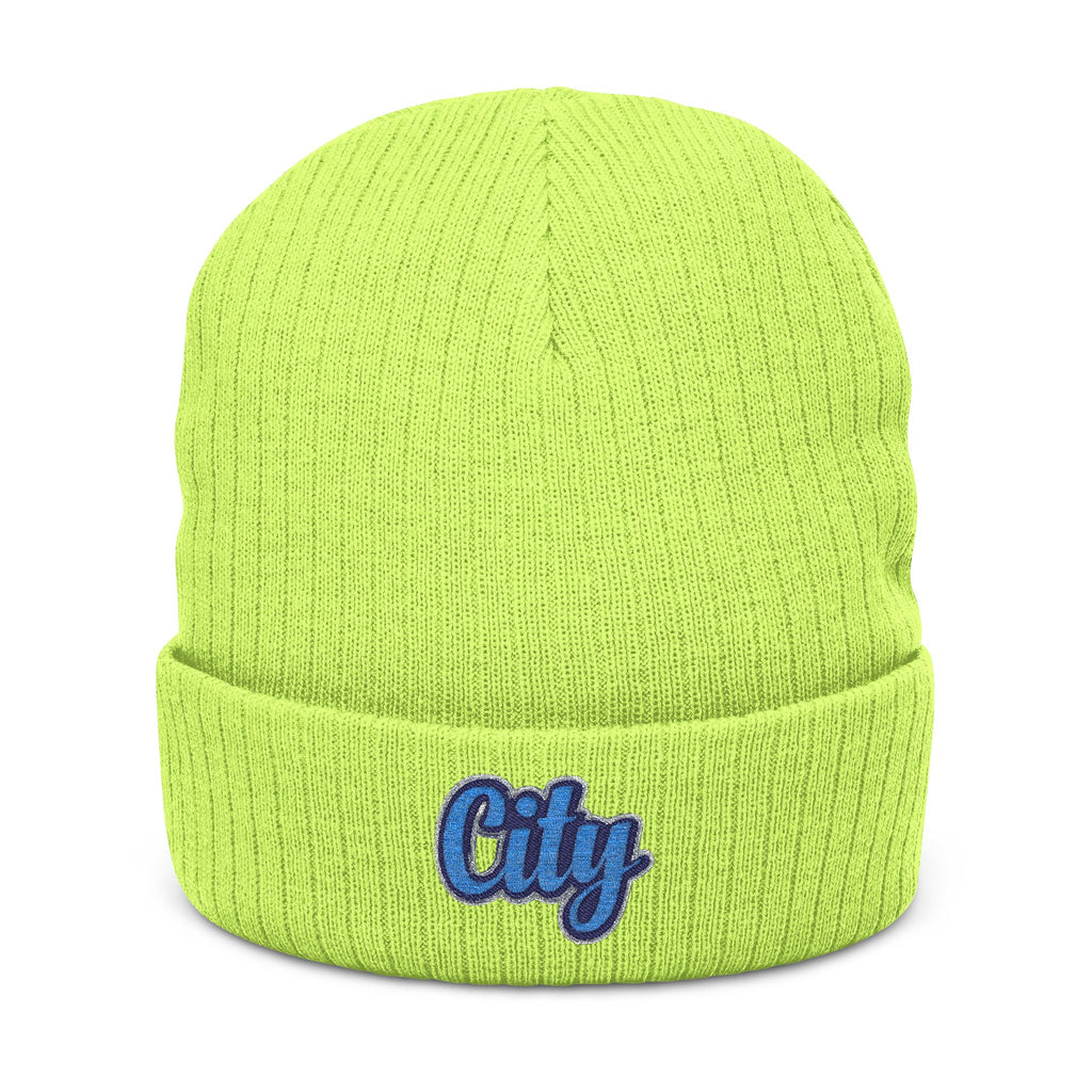 Embroidered 'City' Ribbed Knit Beanie – Cozy Urban Winter Hat