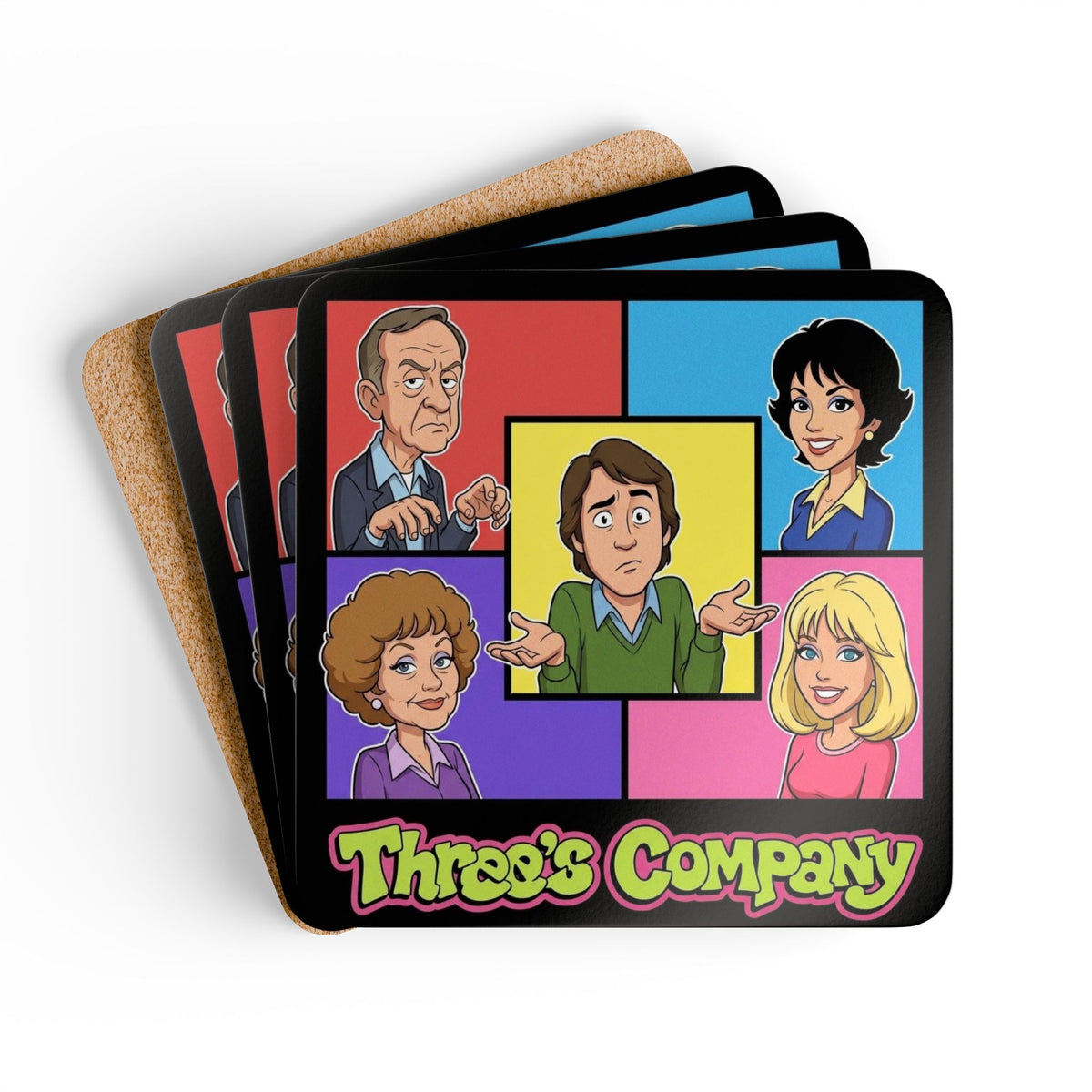 Three's Company Coaster Set — Retro TV Show Cork Drink Coasters