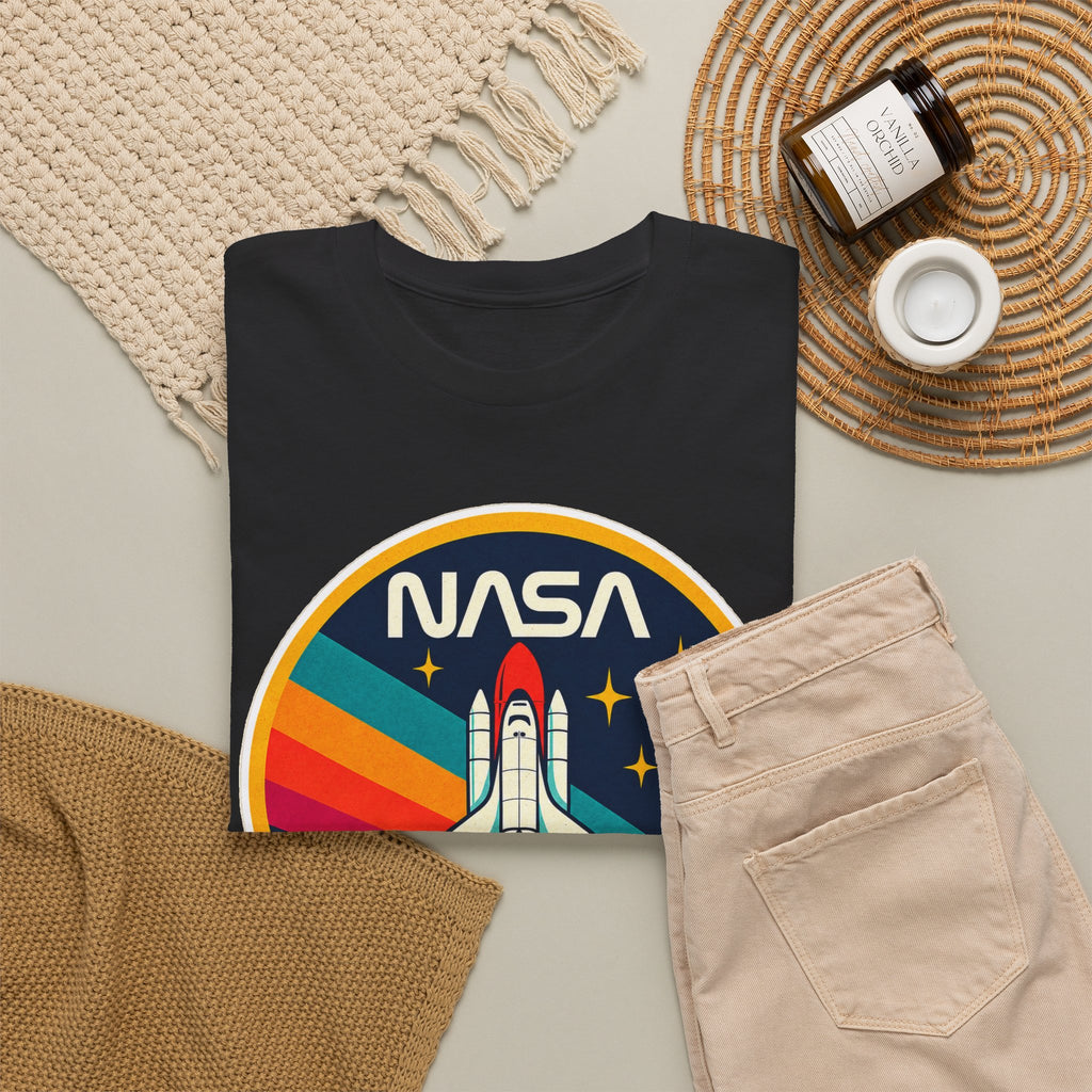 NASA Retro Rocket T‑Shirt — Vintage Space Shuttle Tee with Rainbow Trail
