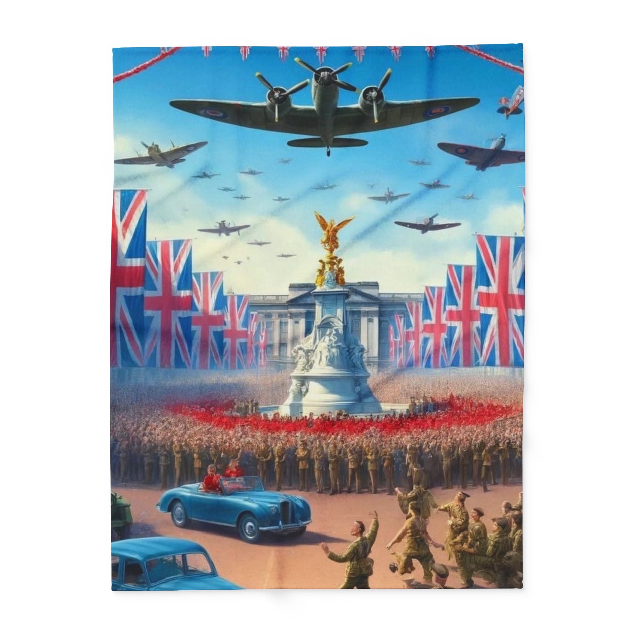 Union Jack Victory Fleece Blanket — Vintage WWII London Memorial Scene