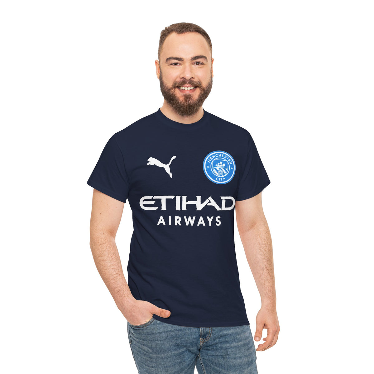 Man City Inspired Etihad Airways Logo Tee - Black Puma Style Football Shirt