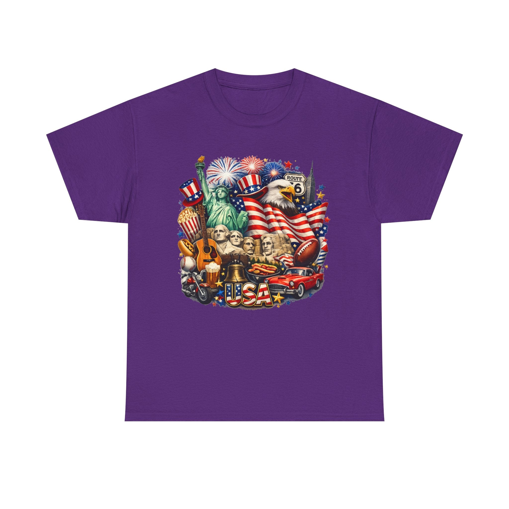 Patriotic USA Graphic Tee – American Flag, Statue of Liberty & Fireworks T-Shirt