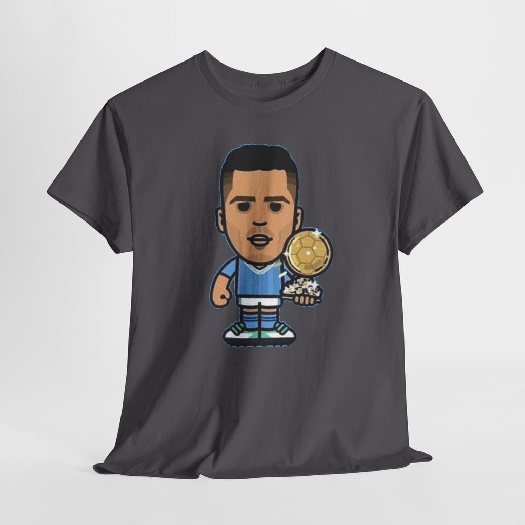 Rodri Manchester City Cartoon Tee — Player Holding Trophy Graphic Shirt