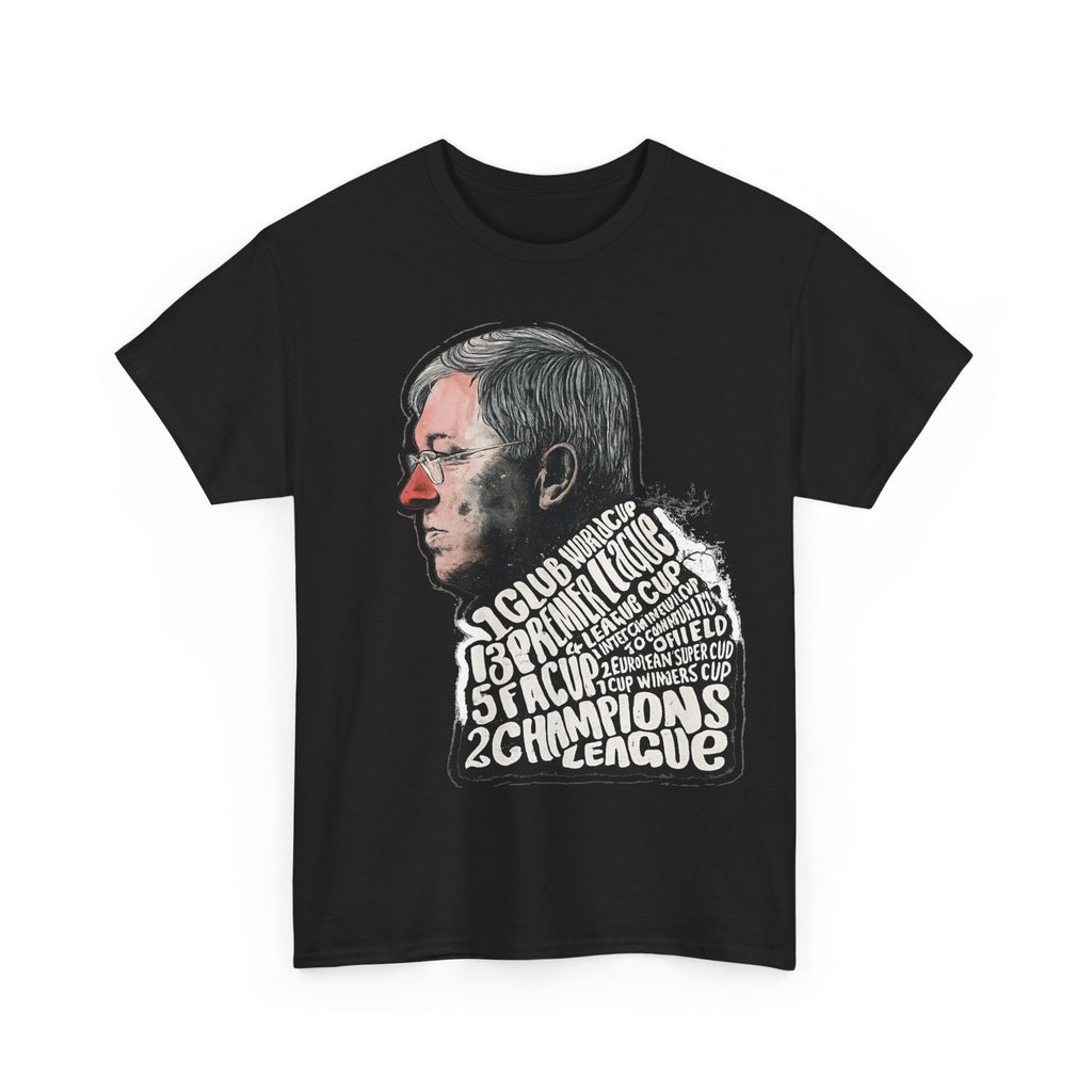 SIr Alex Ferguson Achievements Vintage Football Manager Profile Tee — Illustrated Head with Trophy Text Design