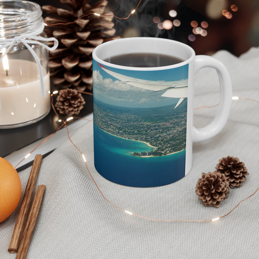 Aerial Barbados Island View Coffee Mug — Tropical Ocean Photography 11oz & 15oz