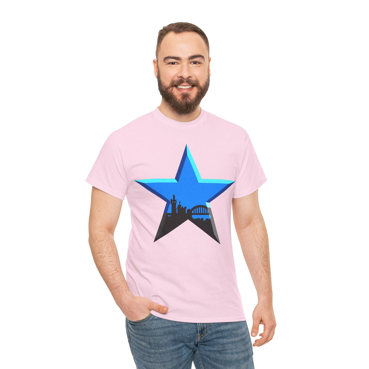 Newcastle City Skyline Star Retro Cotton T-Shirt — Blue Star with Urban Skyline Graphic