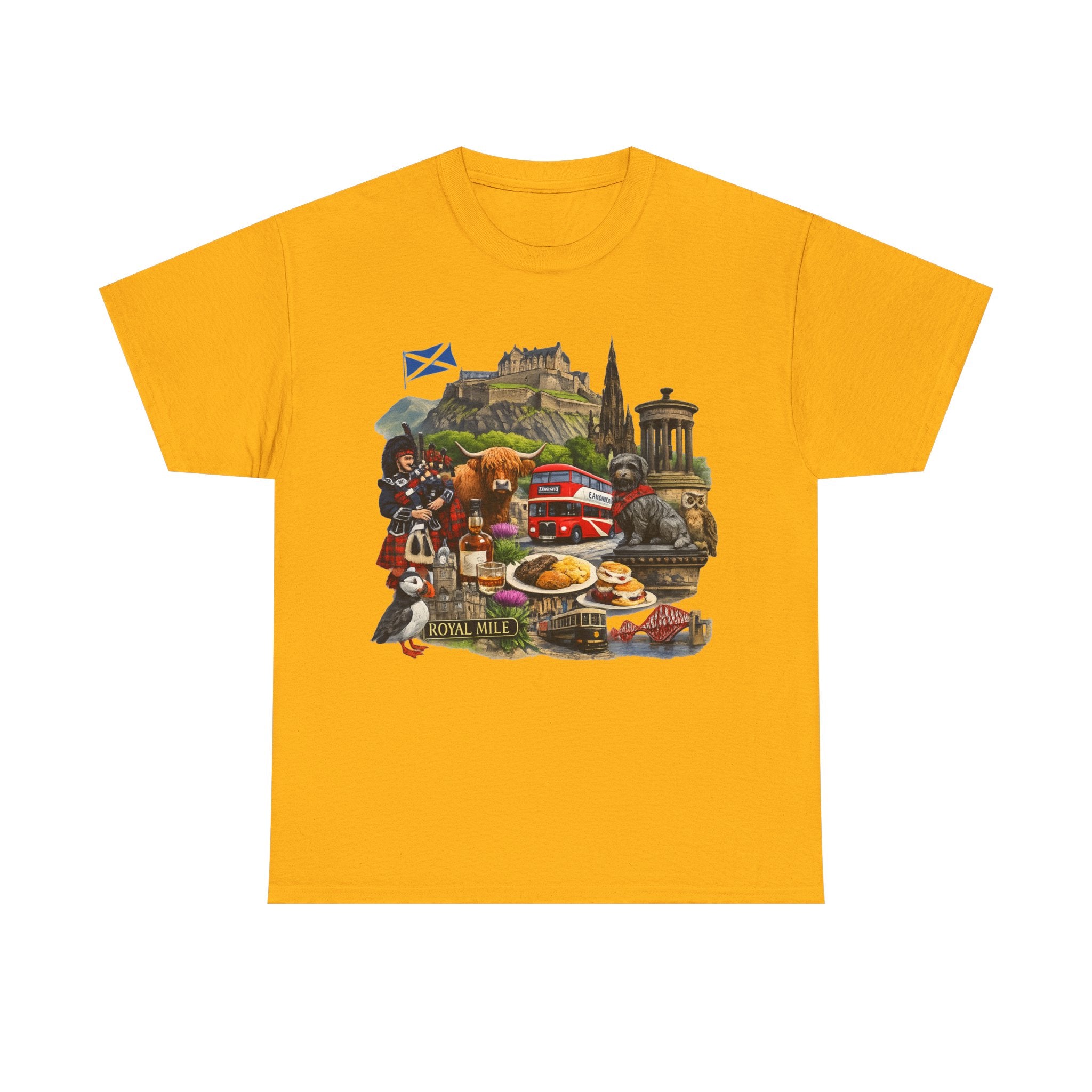 Scotland / Edinburgh Travel Collage T-Shirt — Edinburgh Castle, Bagpipes & Local Icons