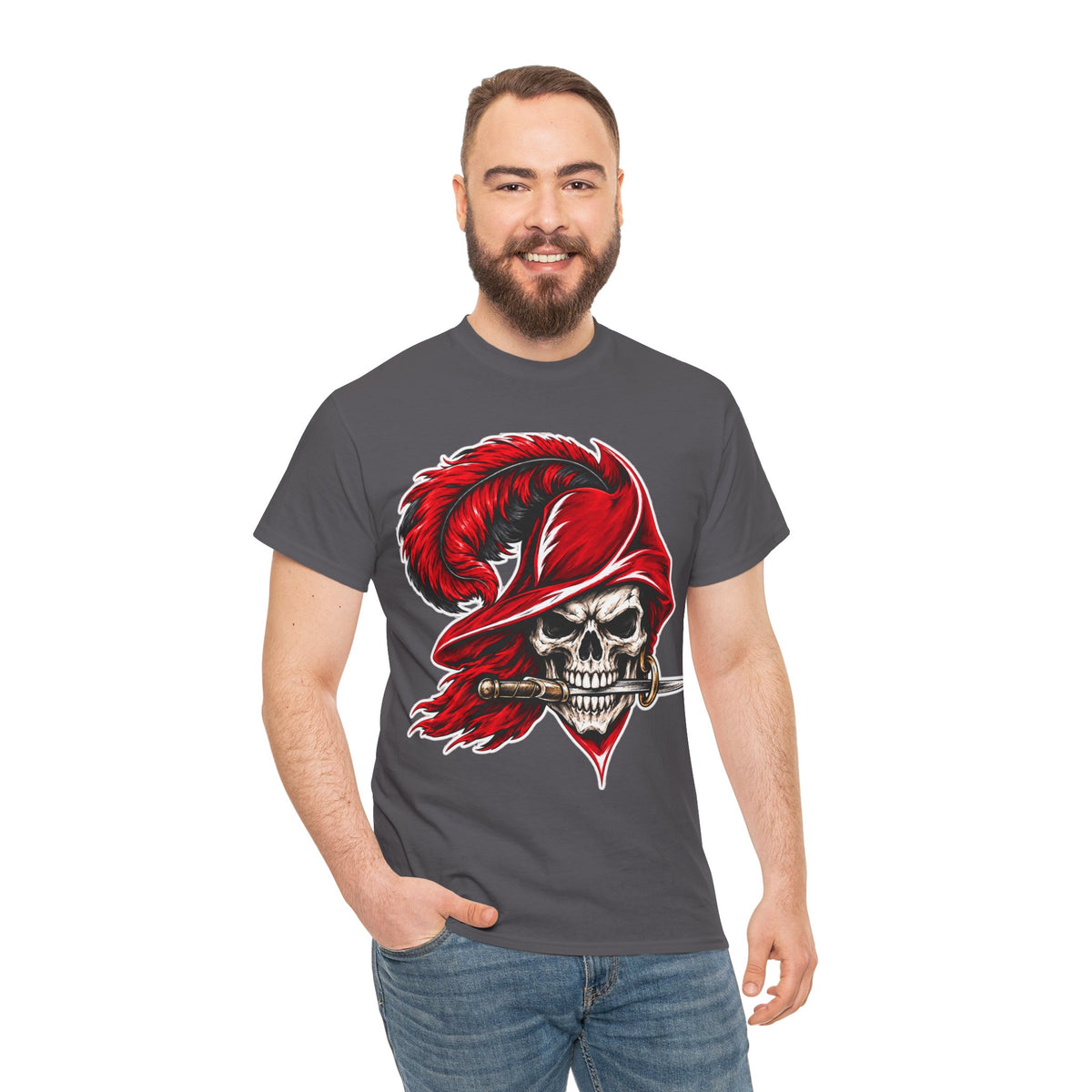Skull Pirate Tee — Red Feathered Bandana Skull T‑Shirt