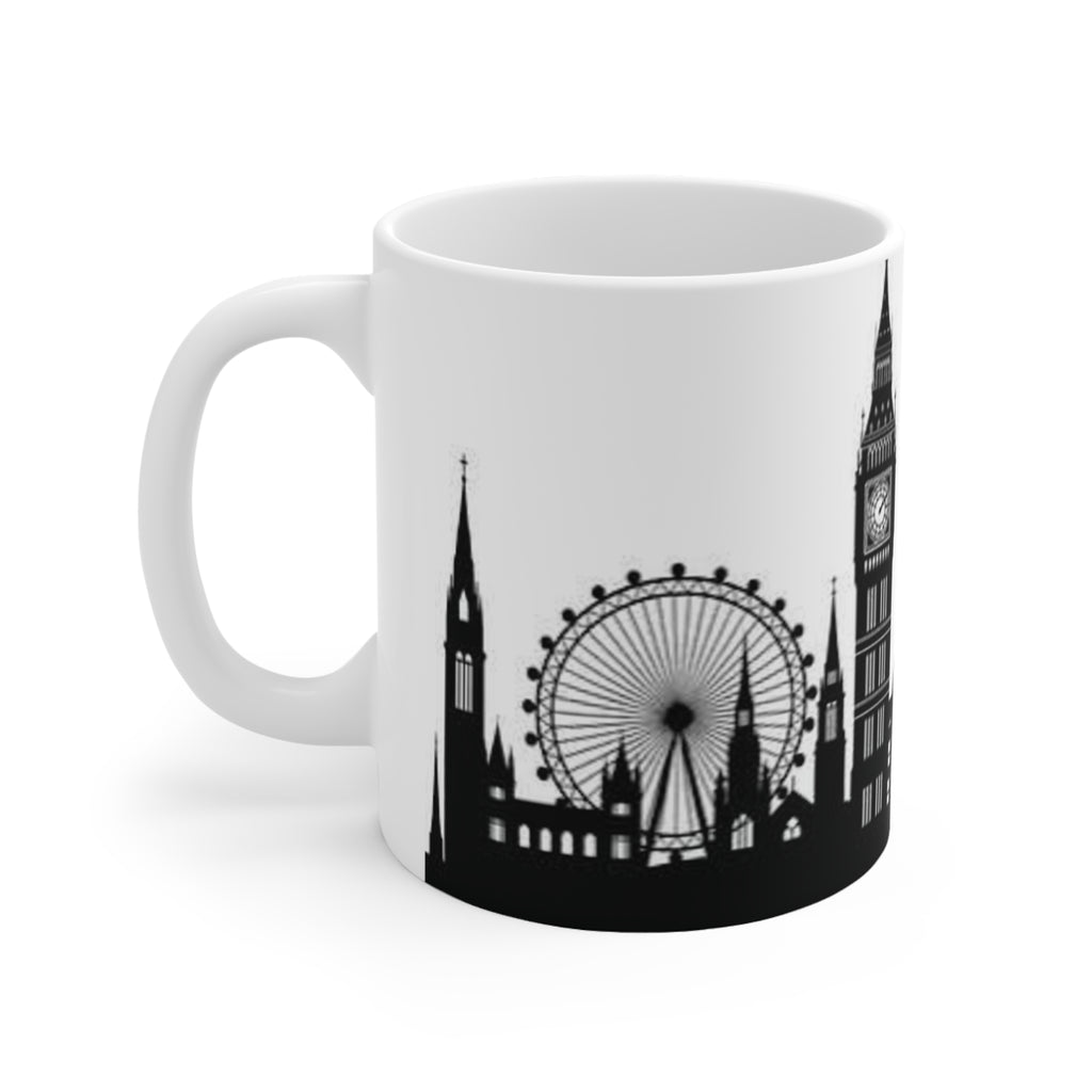 London Skyline Coffee Mug — Black & White Big Ben, London Eye Ceramic Mug (11oz & 15oz)