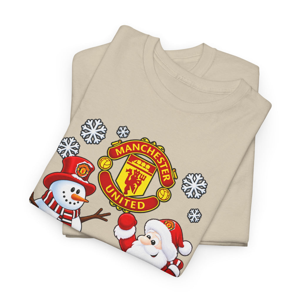 Manchester United Christmas Cotton Tee — Santa & Snowman Football Holiday Shirt