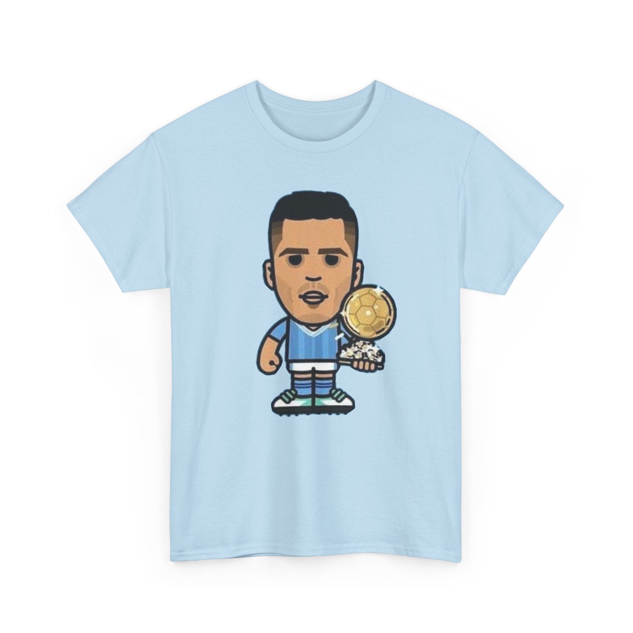 Rodri Manchester City Cartoon Tee — Player Holding Trophy Graphic Shirt