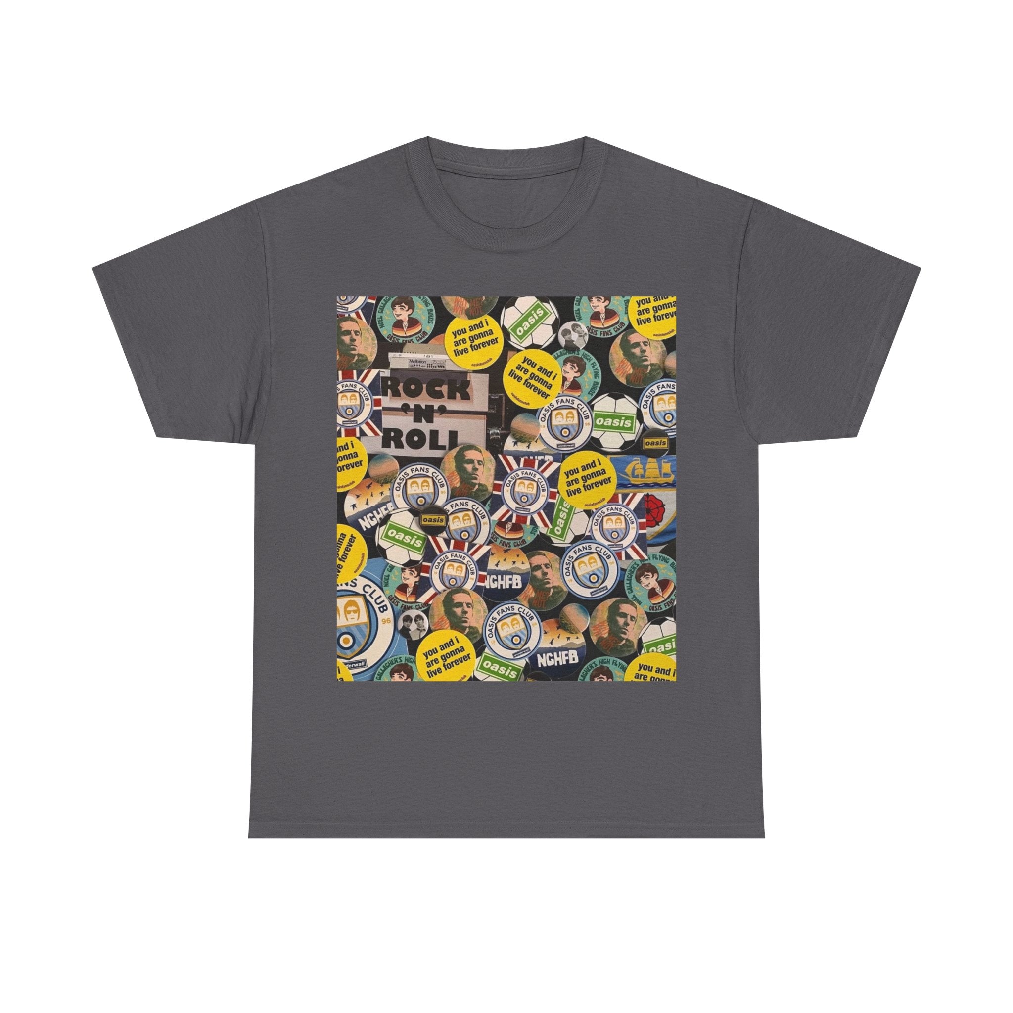 Oasis Rock & Roll Retro Button Collage Tee
